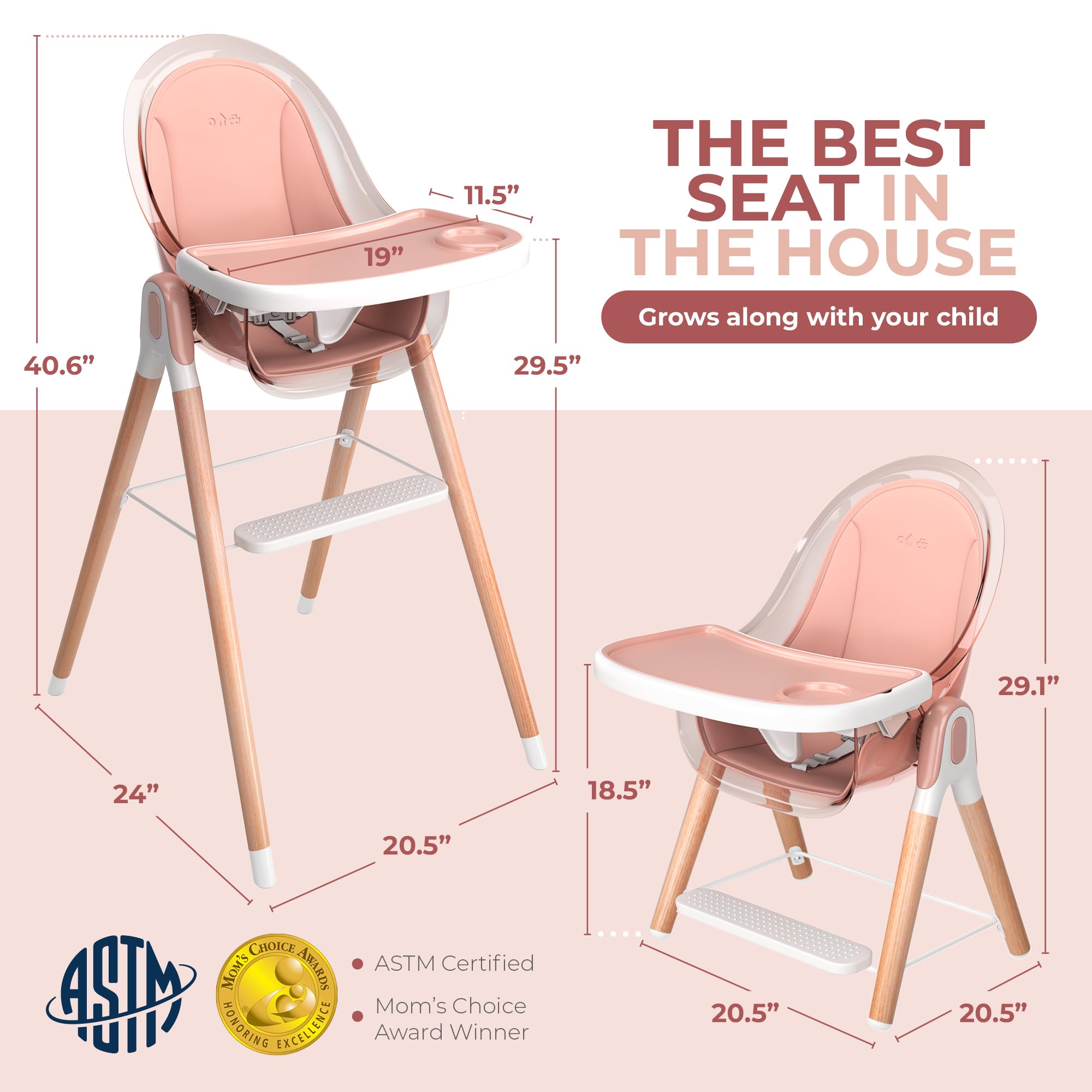 **6-in-1 Deluxe Wooden High Chair for Babies & Toddlers – Modern, Safe & Compact Baby Highchair with Removable Tray & Cushion – Easy to Clean – 6 Options, 3 Seat Positions, 2 Heights – Perfect for Dining, Feeding & Playtime (Pink)**