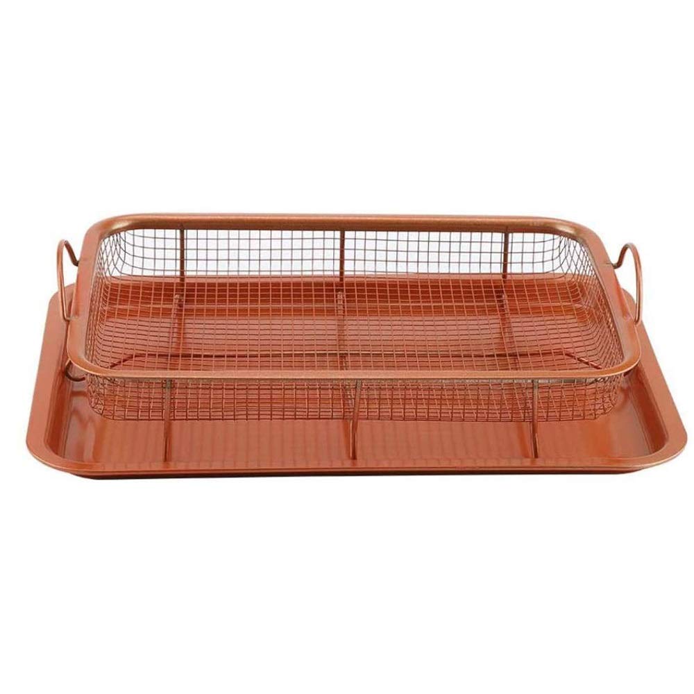 Non-Stick Copper Baking Tray & Crispy Basket Set (2-Piece) - Perfect for Cookies, Pastries & Air Fryer Snacks | Durable & Easy Clean