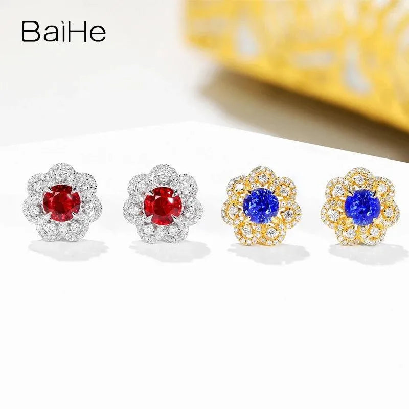 14K White Gold Natural Ruby & Sapphire Flower Stud Earrings for Women - Diamond Accent Fine Jewelry - Perfect for Weddings, Anniversaries & Special Occasions