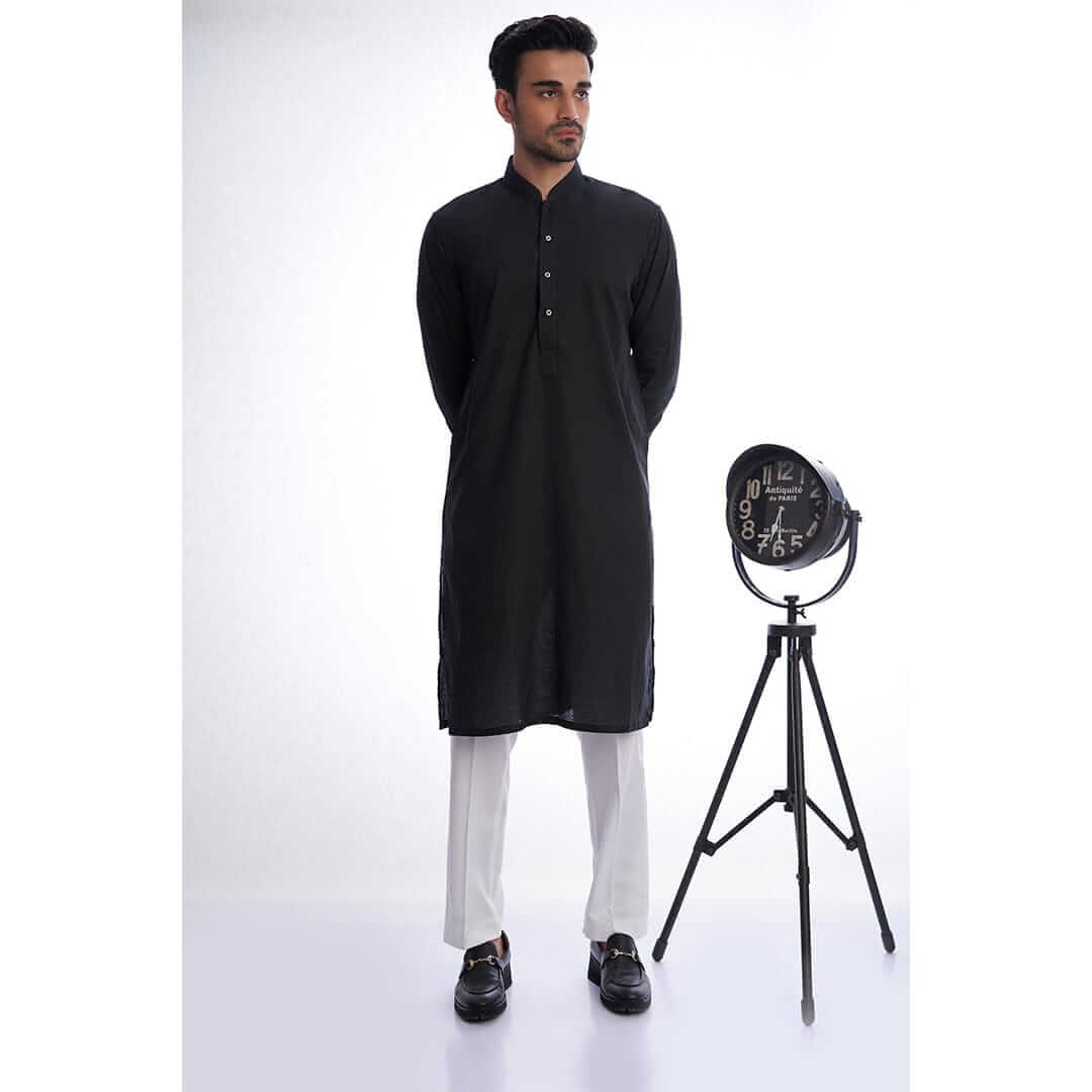 Stylish Black Textured Kurta with White Trousers/Shalwar - Traditional Pakistani Outfit for Men, Perfect for Eid, Weddings & Special Occasions