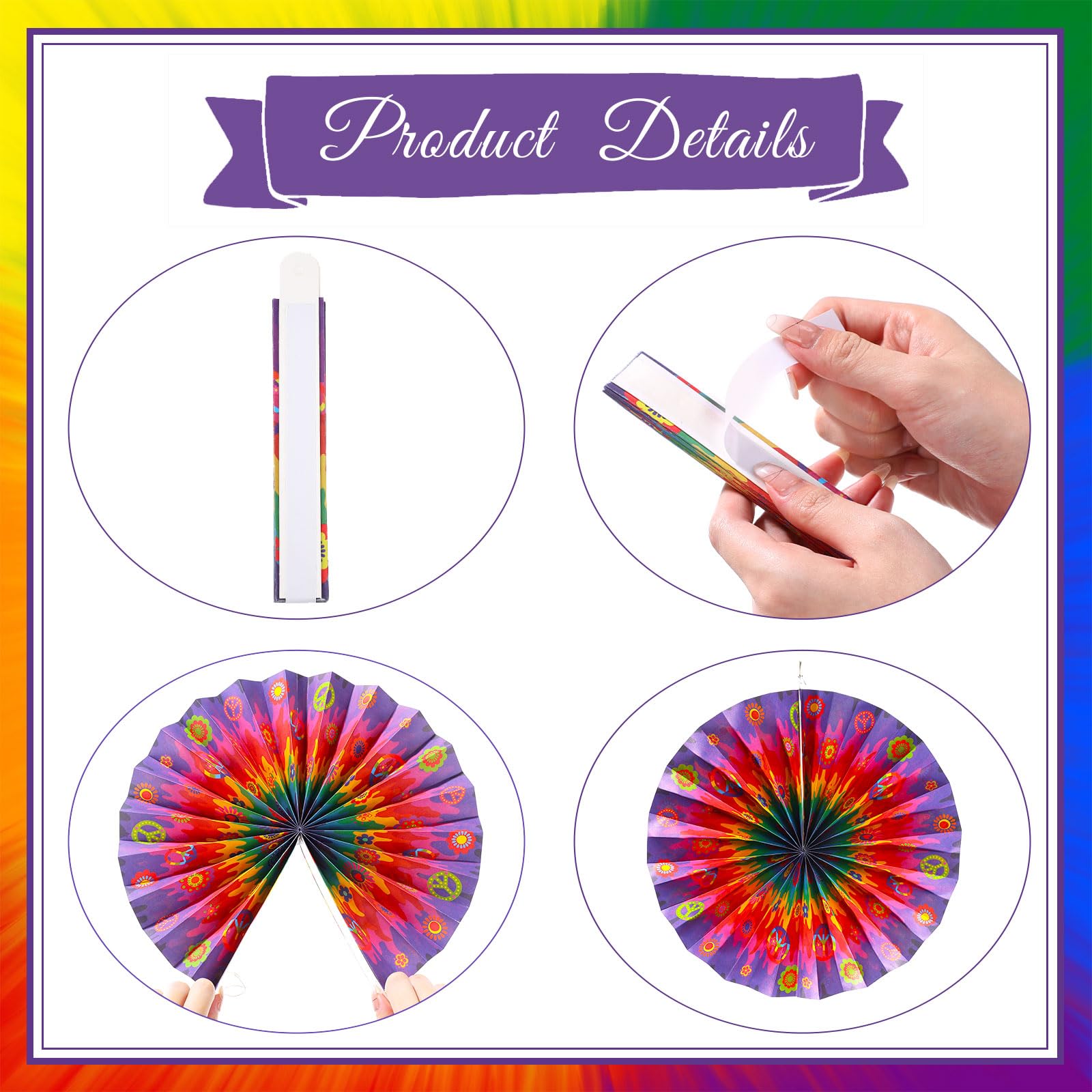Outus 9-Piece Tie Dye Party Decorations Set - Groovy Hippie Hanging Paper Fans for 60s Theme Parties, Classroom Decor, Carnival & Birthday Ceiling Wall Decor with Peace Love Signs - Perfect for Boho Weddings, Music Festivals & Retro Home Decor