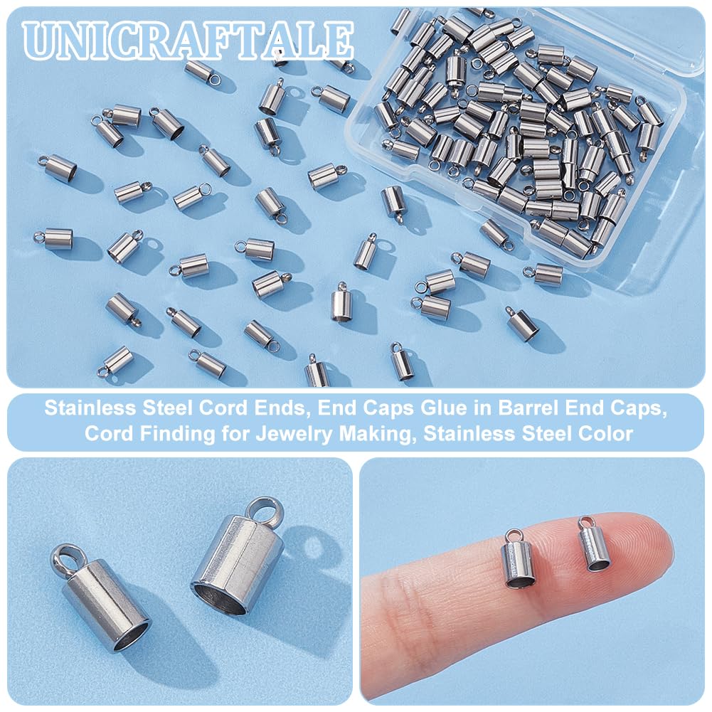 UNICRAFTALE 100pcs 2 Sizes 3mm/4mm 304 Stainless Steel Barrel Cord End Caps - Leather Bracelet Tips, Jewelry Making Supplies for DIY Bracelets, Necklaces & Craft Projects