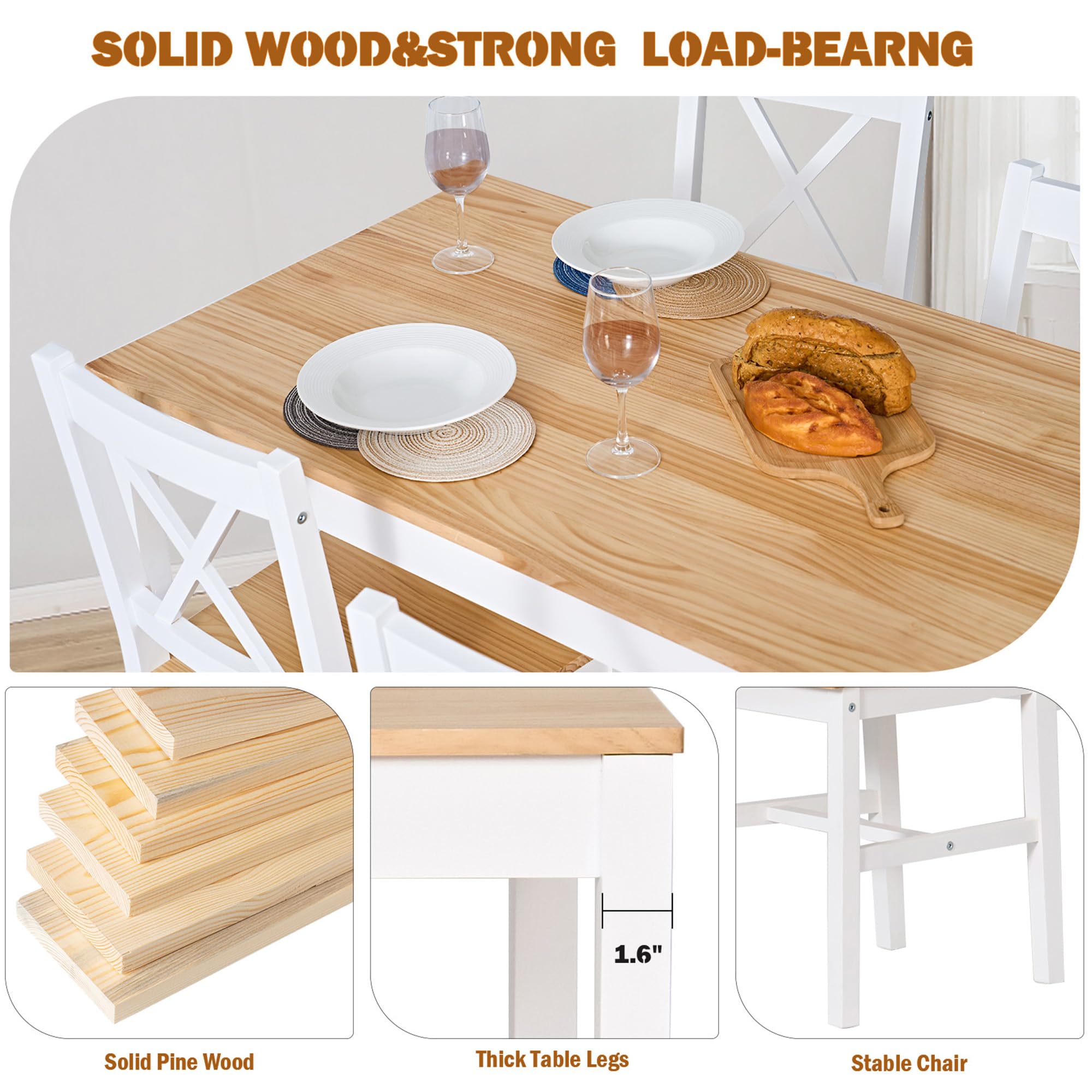 Soges 5-Piece White & Oak Dining Table Set - 47.2 Inch Pine Wood Rectangular Kitchen Table with 4 Chairs - Perfect for Small Kitchens, Dining Rooms, and Breakfast Nooks