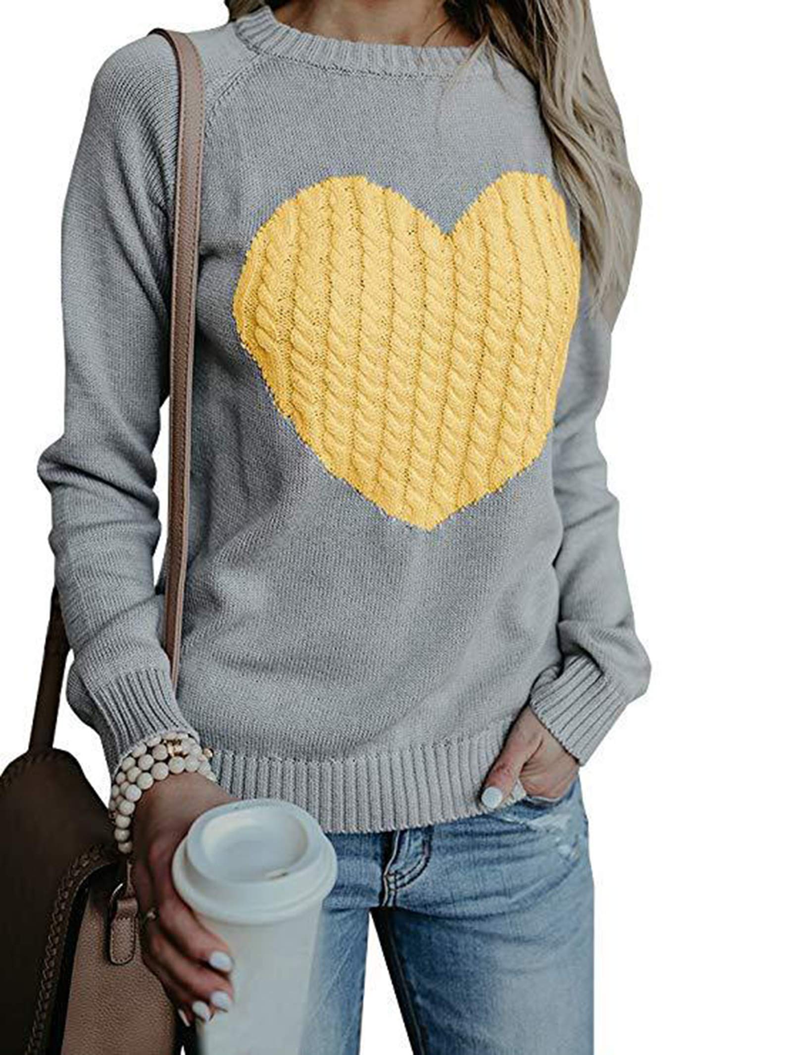CORIRESHA Women's Cute Heart Love Pullover Sweater - Patchwork Long Sleeve Knitted Jumper Tops for Casual Wear, Date Night & Winter Fashion