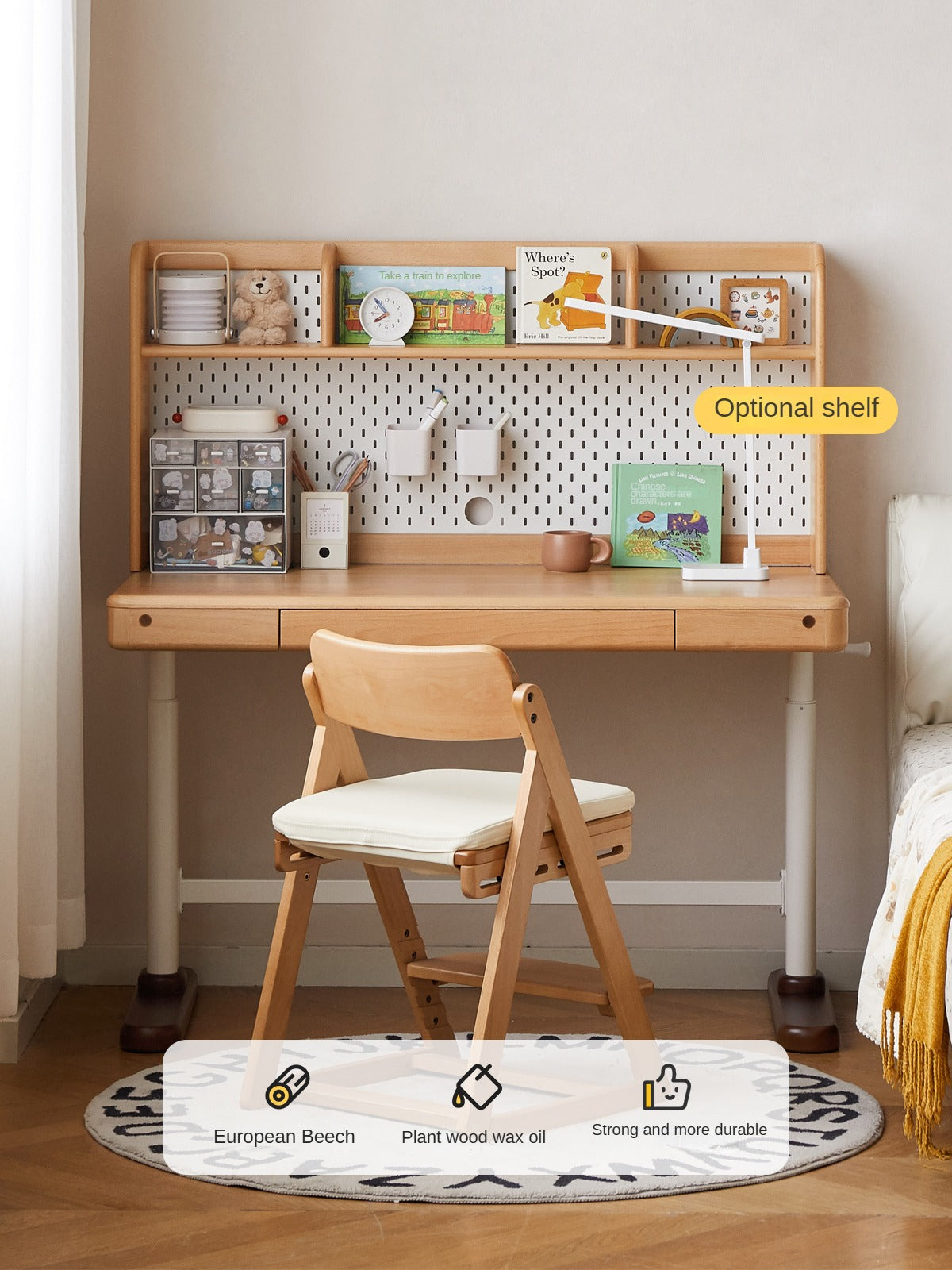 Beech Solid Wood Adjustable Height Kids Study Desk with Hand Crank Lift - Perfect for Homeschooling, Online Learning & Children's Homework Station