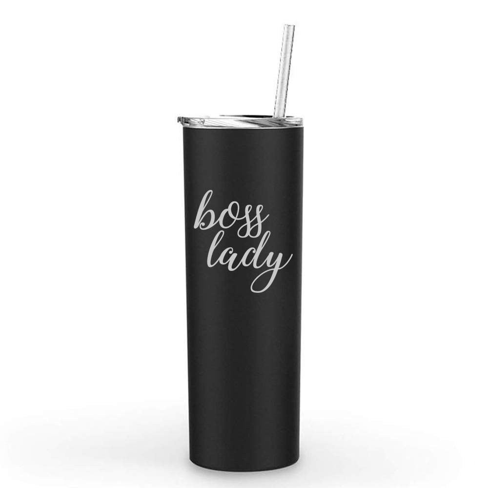 20 oz Skinny Tall Stainless Steel Vacuum Insulated Tumbler with Straw - Leakproof Travel Mug for Coffee & Tea - Boss Lady Design (Black) - Perfect for Office, Gym & Road Trips