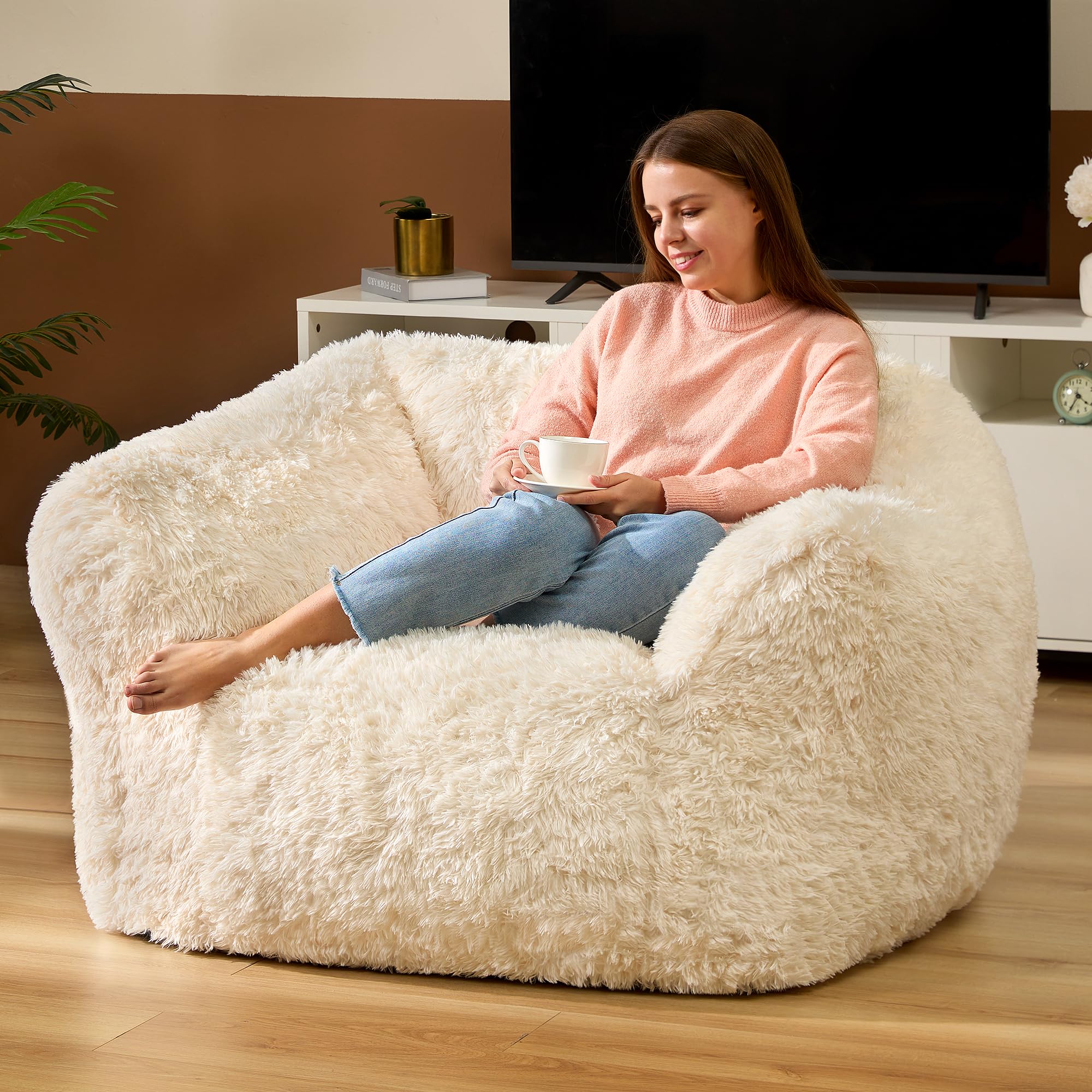 Homguava Extra Large Giant Bean Bag Chair for Adults - Big Memory Foam Stuffed Bean Bag Sofa with Armrests & Filler, Plush Comfy Lazy Couch for Bedroom, Living Room, Game Room & Home Theater (XL, White)