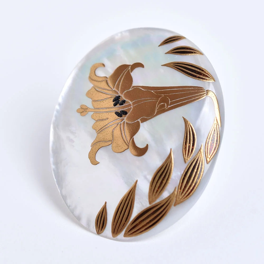 Exquisite Maki-e Urushi Lacquer Brooch with White South Sea Pearl Shell & Lily Design | Traditional Japanese Lacquer Jewelry for Women | Perfect for Weddings, Tea Ceremonies & Special Occasions