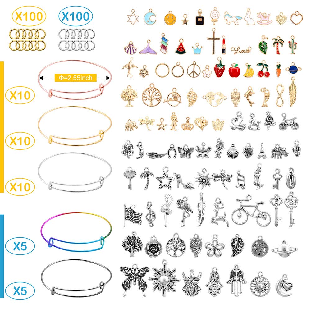 POPMISOLER 340-Piece DIY Charm Bracelet Making Kit - 40 Adjustable Wire Bracelets, 100 Charms, 200 Jump Rings - Jewelry Craft Supplies for Teens & Adults - Perfect for Gifts, Parties, and Creative Projects
