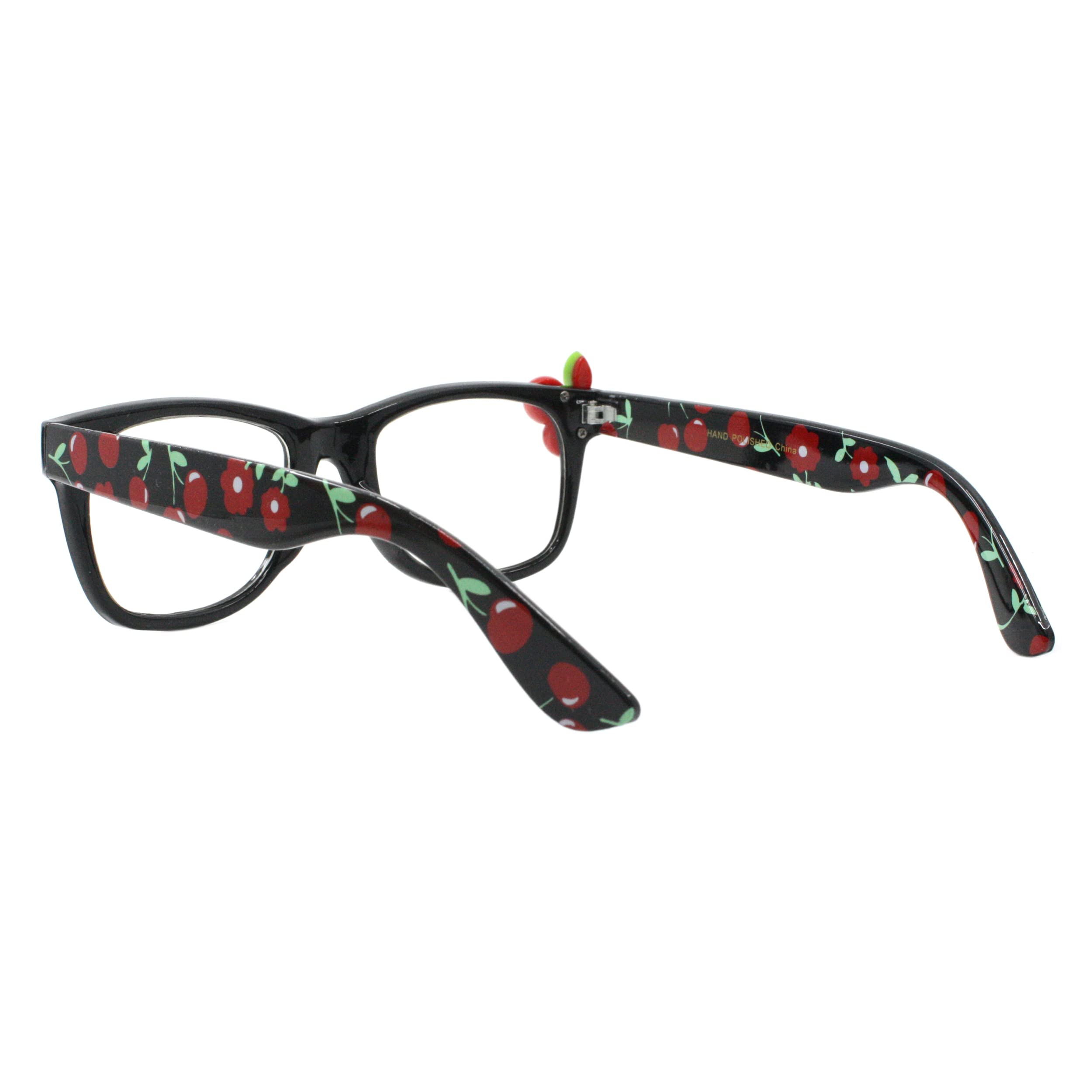 PASTL Cherry Embellished Clear Lens Glasses - Black Square Frame UV 400 Protection - Stylish Reading & Fashion Eyewear for Women