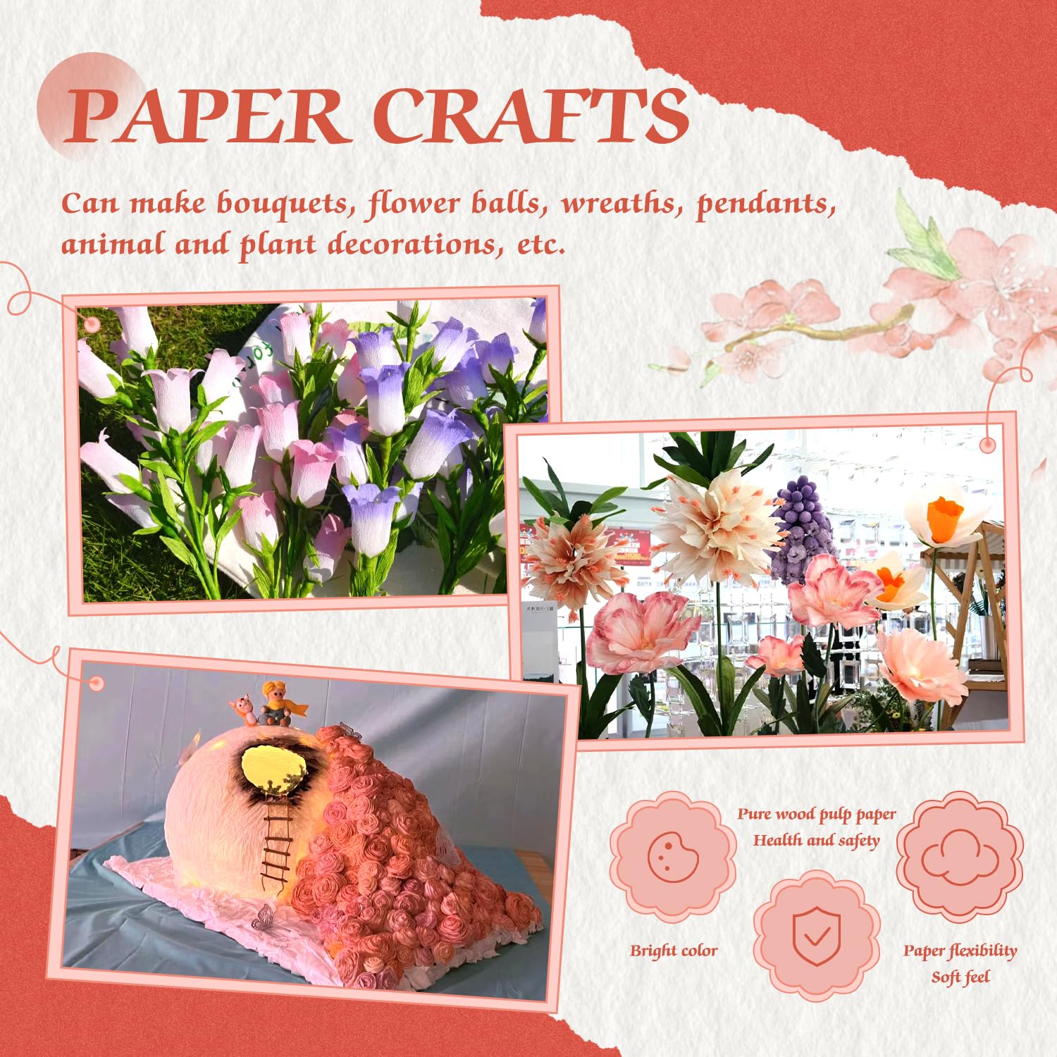 6 Rolls Red Crepe Paper Streamers (10 Inch Wide) - Floral Tape & Stem Wire Included - DIY Flower Making Kit for Weddings, Parties, Festivals & Home Decor Crafts