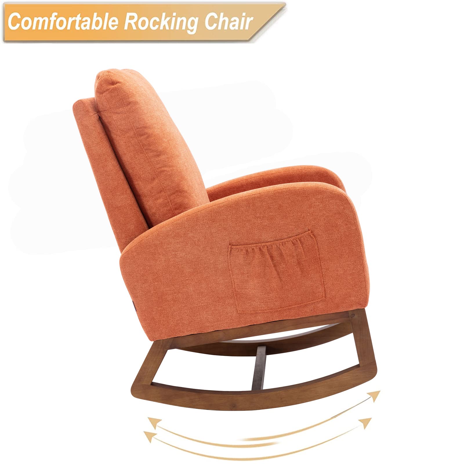 SSLine Upholstered Rocking Chair - Modern Fabric Rocking Armchair with Comfortable Cushion for Nursery, Living Room, Bedroom, Study & Office - Perfect for Relaxation, Nursing & Reading (Orange)