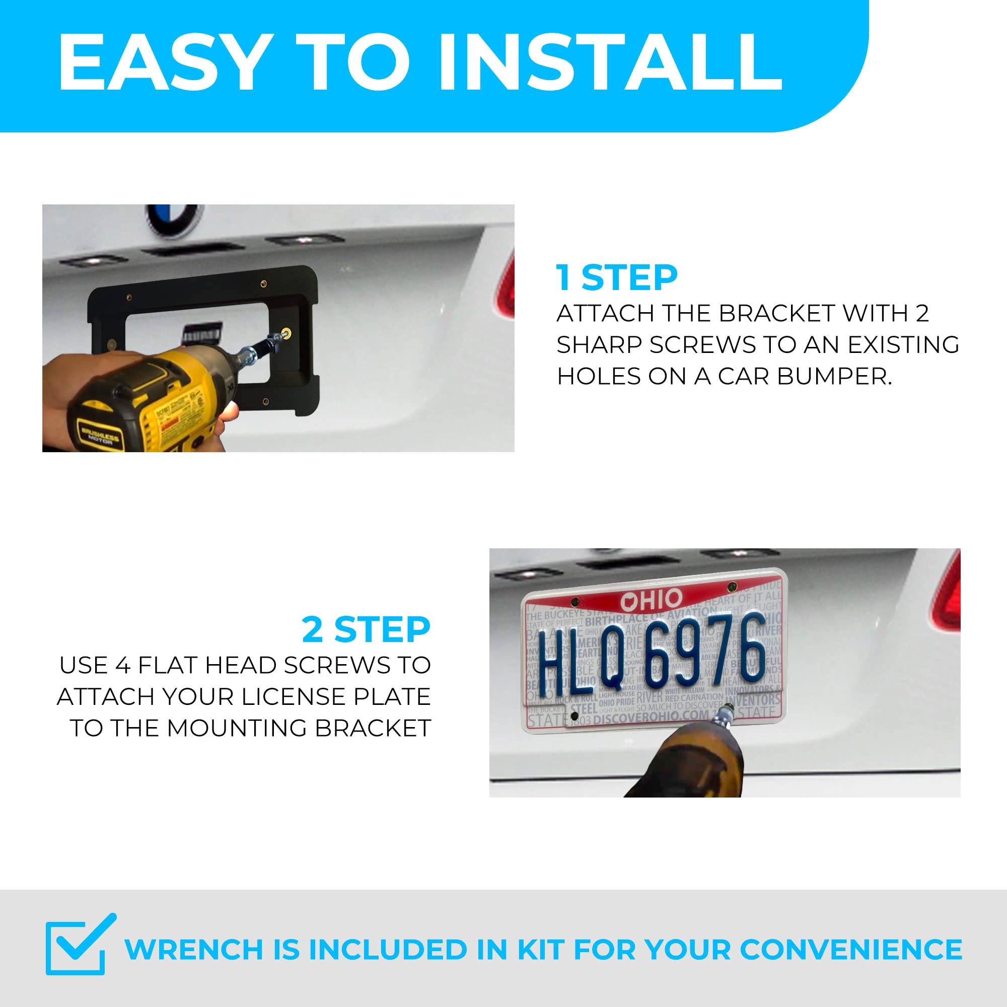 Premium Rear Bumper License Plate Bracket for BMW 2000-2024 Models - Heavy Duty Plate Holder Set with 6 Screw Bolts & Wrench Kit - Universal License Tag Mounting Kit (10-Pack) - Perfect for Car Enthusiasts & DIY Auto Upgrades