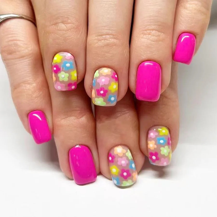 24Pcs Press on Nails - Short Square Fake Nails with Cute Flower Design, Multi Color Full Cover Nail Tips for Women | Easy to Apply, Perfect for Daily Wear, Parties & Special Occasions