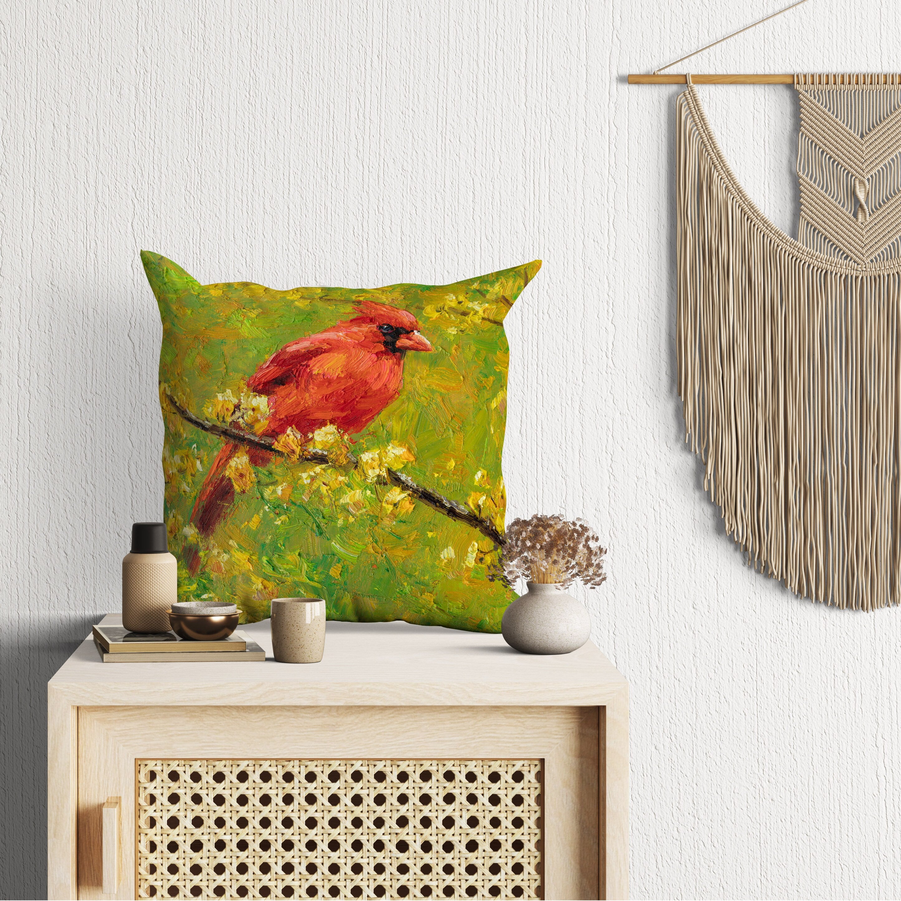Northern Cardinal Male Red Bird Pillow Cover - Soft & Comfortable Square Throw Pillow with Bright Yellow Design - Perfect for Home Decor, Living Room, Bedroom & Sofa Accent