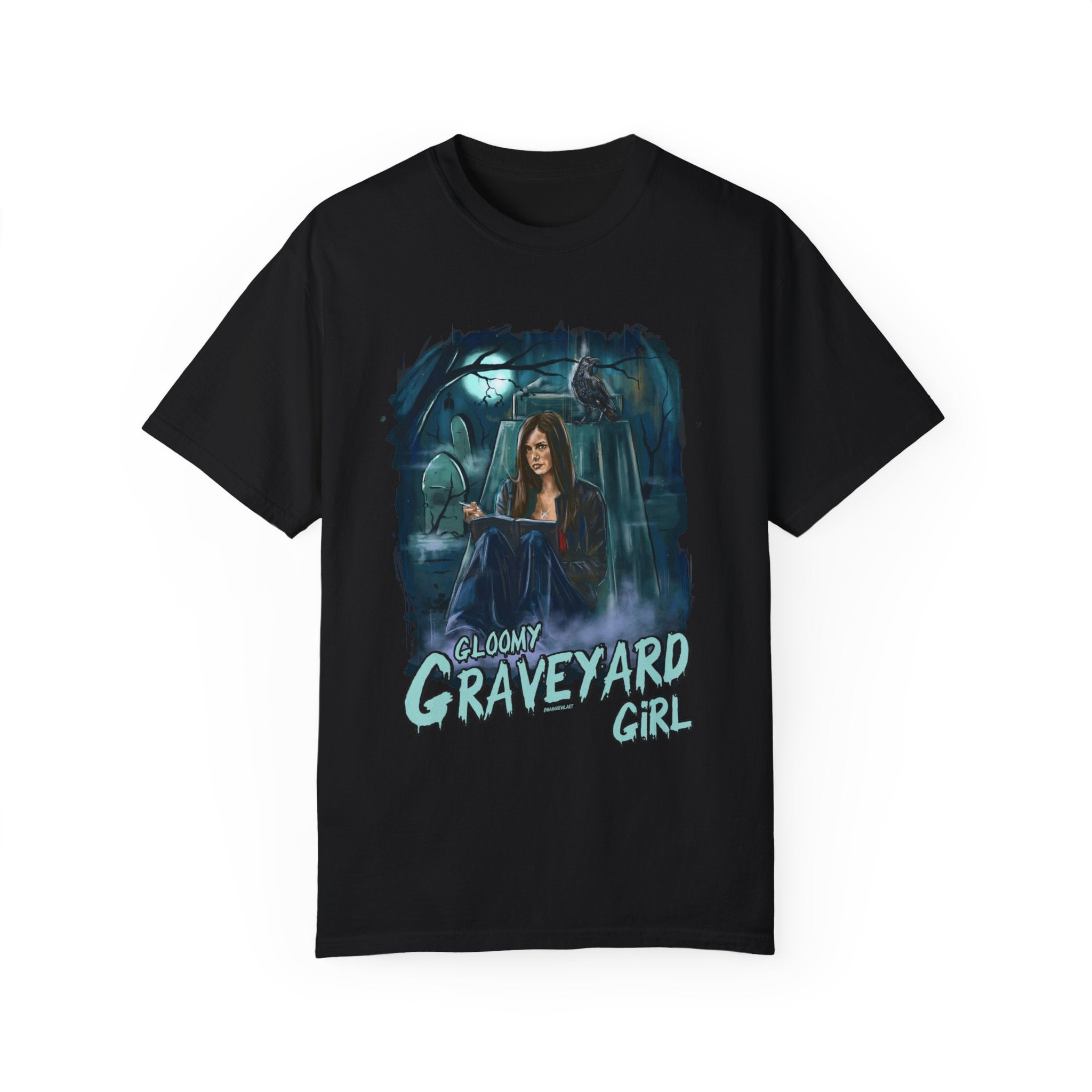 Gloomy Graveyard Girl Graphic T-Shirt - Gothic Horror Fashion for Women | Perfect for Halloween, Cosplay & Alternative Style Outfits