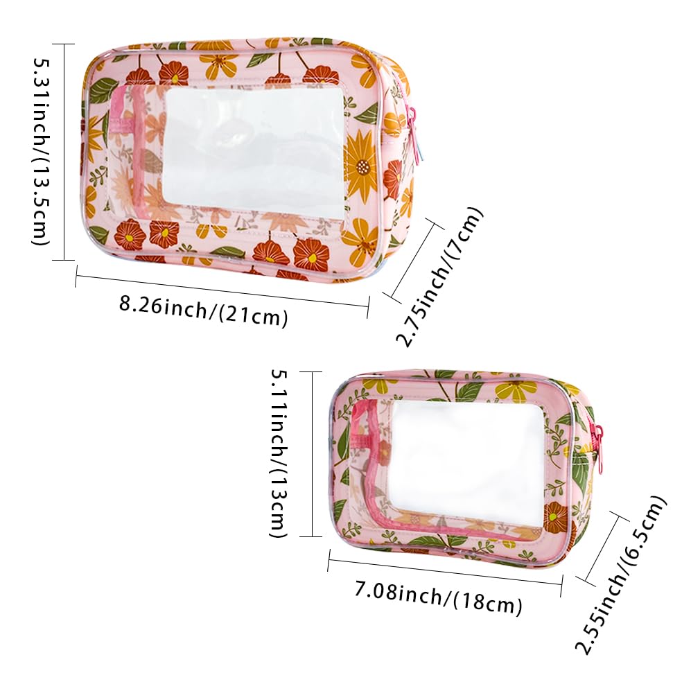 ONEART 2-Pack Clear Floral Makeup Bags - Waterproof Travel Toiletry Organizer for Cosmetics, Jewelry & Accessories | Transparent Storage Pouch for Bathroom, Gym, Beach & Vacation Essentials
