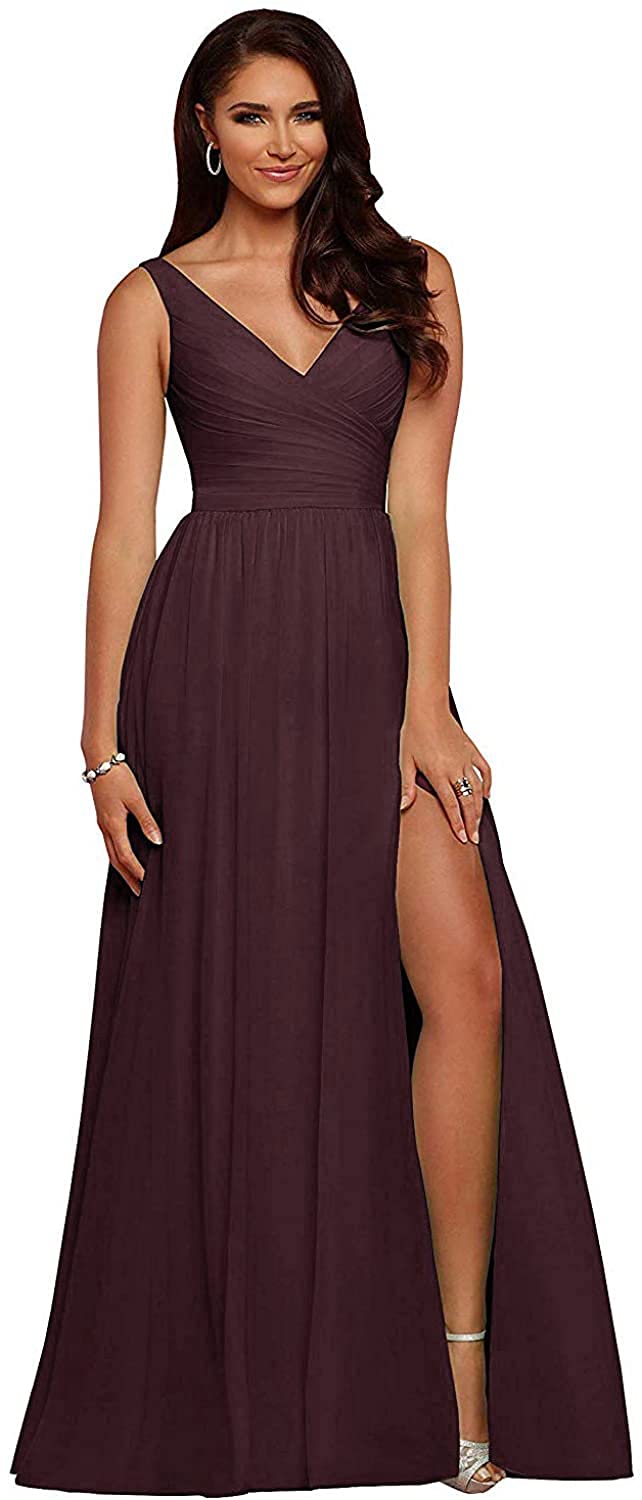 Elegant Long Chiffon Bridesmaid Dress with V-Neck & High Slit - Backless Formal Gown for Weddings, Prom & Special Occasions | Perfect for Bridal Party, Evening Events & Cocktail Dresses