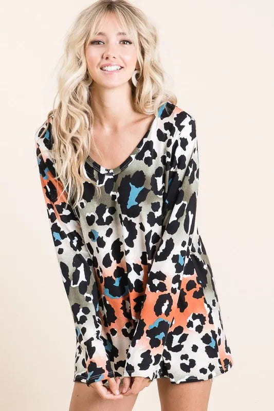 Bibi Gradation Leopard Print Soft Knit Deep U Neck T-Shirt - Rust/Olive Color Women's Casual Top for Fall Outfits & Date Nights