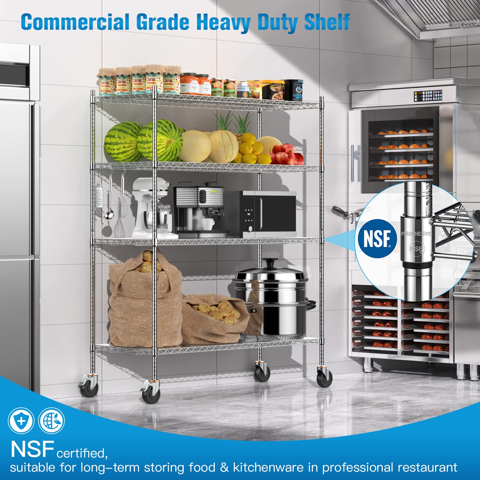 Heavy Duty 60x24x72 Inch Wire Shelving with Wheels - 2000 Lbs Capacity Adjustable Metal Storage Rack, 4-Tier NSF-Certified Commercial Utility Shelf with Shelf Liners - Perfect for Warehouse, Garage, Pantry & Retail Store Organization
