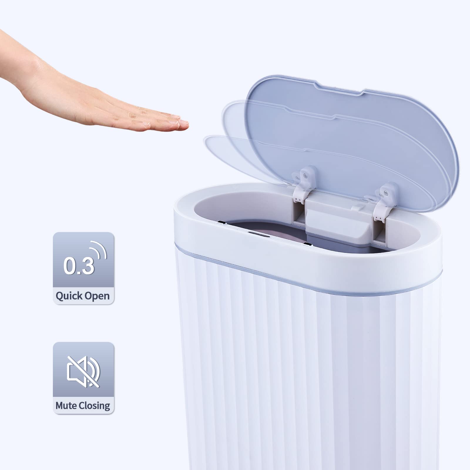 ELPHECO 2.5 Gallon Automatic Motion Sensor Trash Can - Waterproof Bathroom & Kitchen Garbage Bin, 10L Slim Design for Small Spaces, White with Grey Trim - Perfect for Bathroom, Office, Kitchen & Narrow Spaces