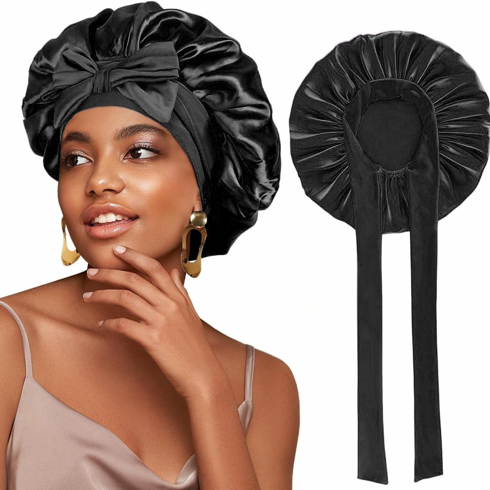Silk Bonnet for Sleeping - Satin Hair Wrap Cap for Women with Double-Layer & Tie Band - Hair Accessories for Nighttime Protection & Styling - Perfect for Curly, Natural & Protective Hairstyles