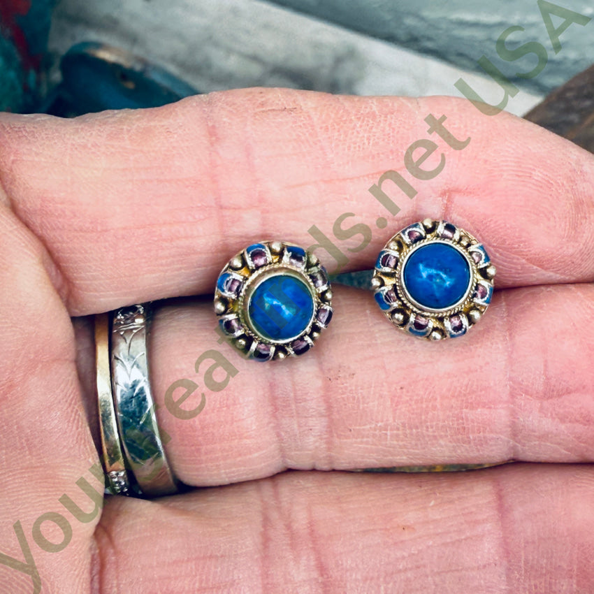 Vintage Gold Over Sterling Silver Lapis Stud Pierced Post Earrings - Cloisonné Enamel Jewelry for Women, Gift for Her, Birthday, Anniversary, Wedding, Party, Everyday Wear