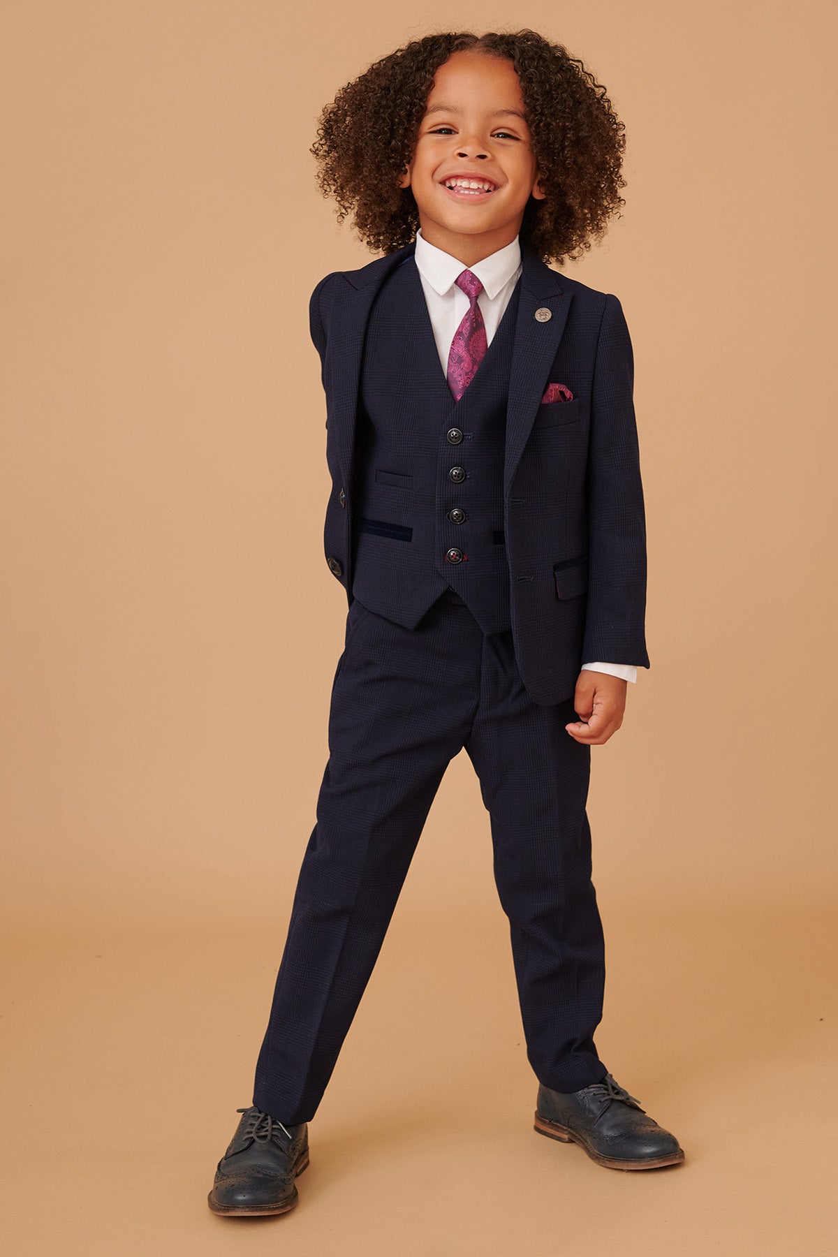 BROMLEY Kids Navy Check Print 3-Piece Suit for Boys - Formal Wear for Weddings, Parties & Special Occasions