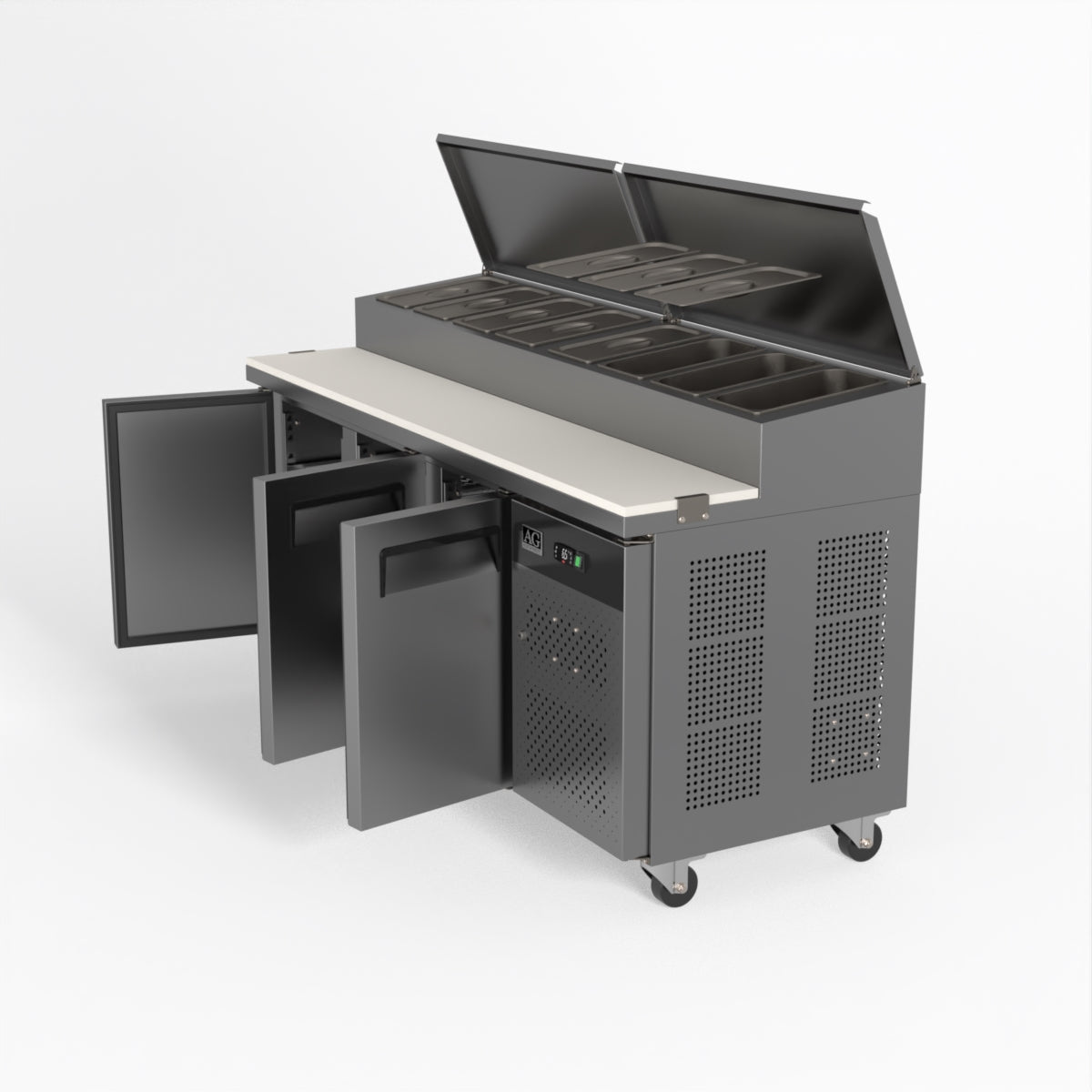 AG 3 Door Commercial Saladette Refrigerator - Holds 8 x 1/3 GN Food Storage Trays - Perfect for Restaurants, Delis & Catering Businesses
