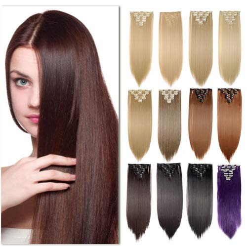 Ombre Clip in Hair Extensions - 8PCS Synthetic Balayage Two-Tone Highlighted Hairpiece for Women | Long Straight & Wavy 23
