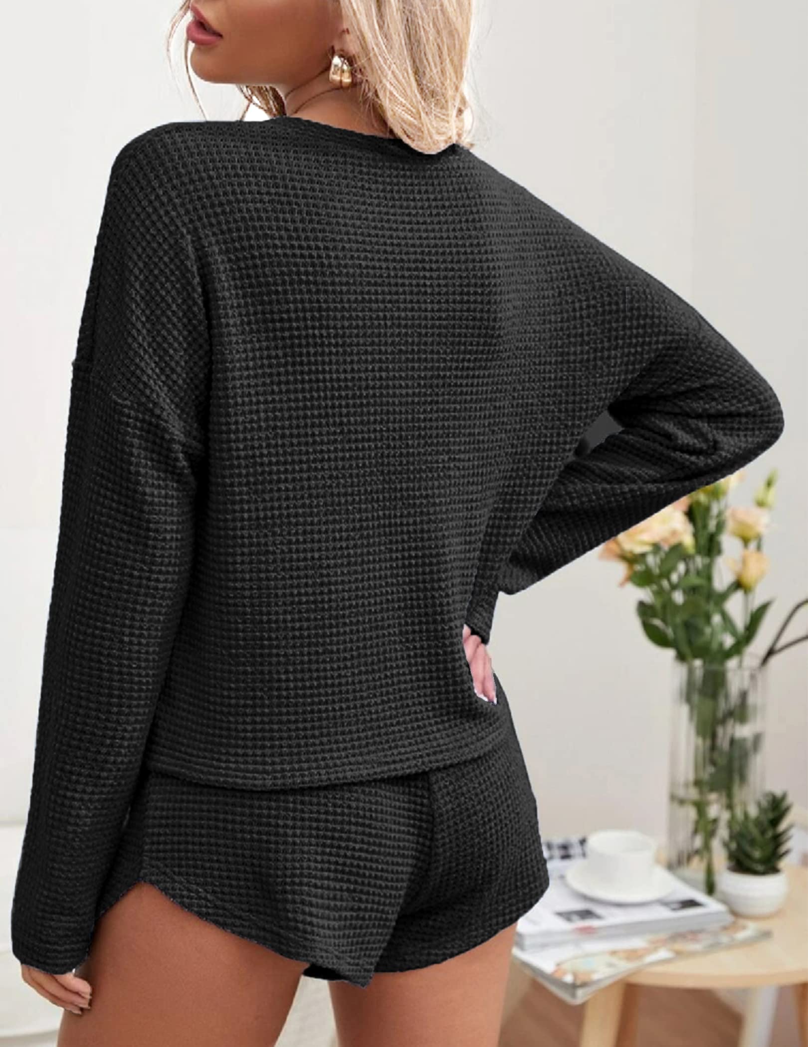 Ekouaer Women's Waffle Knit Pajama Set - Long Sleeve Top & Shorts Lounge Wear with Pockets - Soft Sleepwear & Cozy Loungewear for Home, Travel, and Relaxation