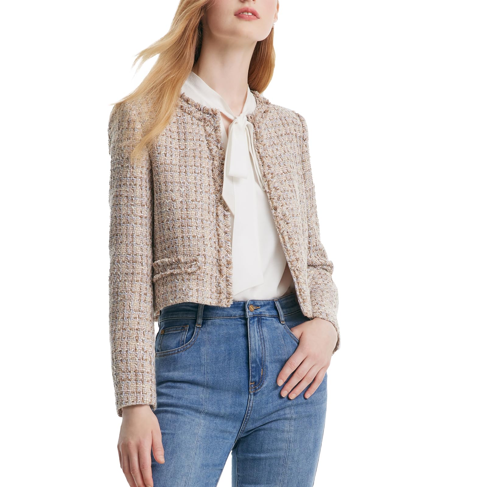 2025 Women's Classic Tweed Blazer - Long Sleeve Cropped Casual Work Jacket | Office Wear, Business Attire & Smart Casual Outfits for Professional Women