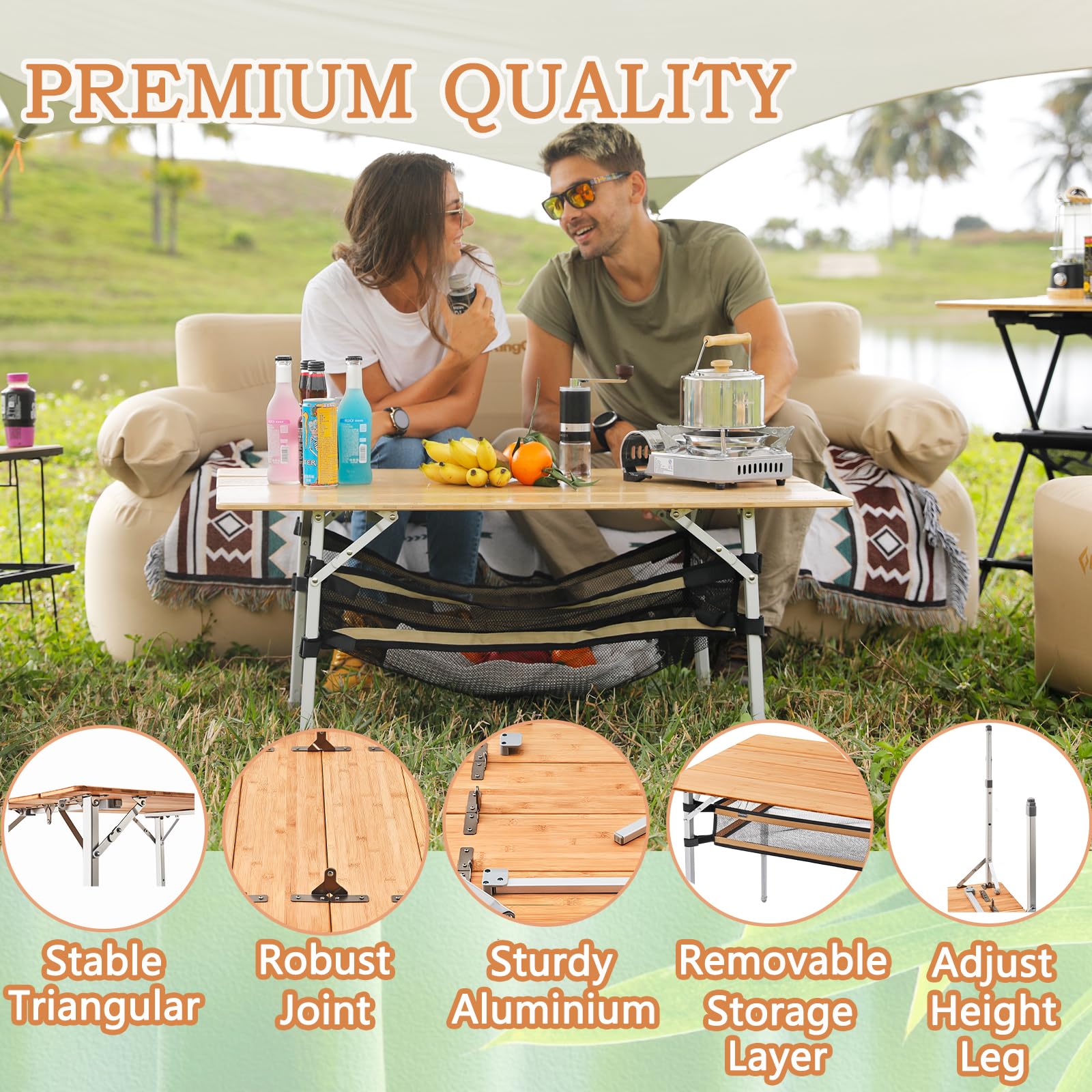 KingCamp 4-Fold Portable Camping Table - Adjustable Height Aluminum Legs, Heavy Duty 176 lbs Capacity with Large Storage Bag - Perfect for Outdoor Travel, Picnic, RV, Beach & Backyard Gatherings (4-5 People)