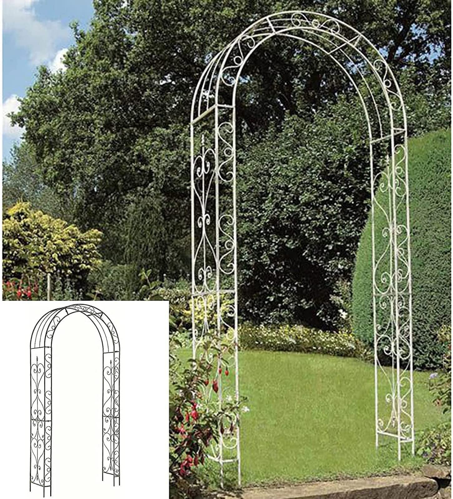 Metal Garden Arch Trellis for Climbing Plants - Sturdy Outdoor Wedding Arbor with Decorative Archway for Roses, Vines & Flowers - Perfect for Backyard, Patio, Lawn & Bridal Party Decor (White)