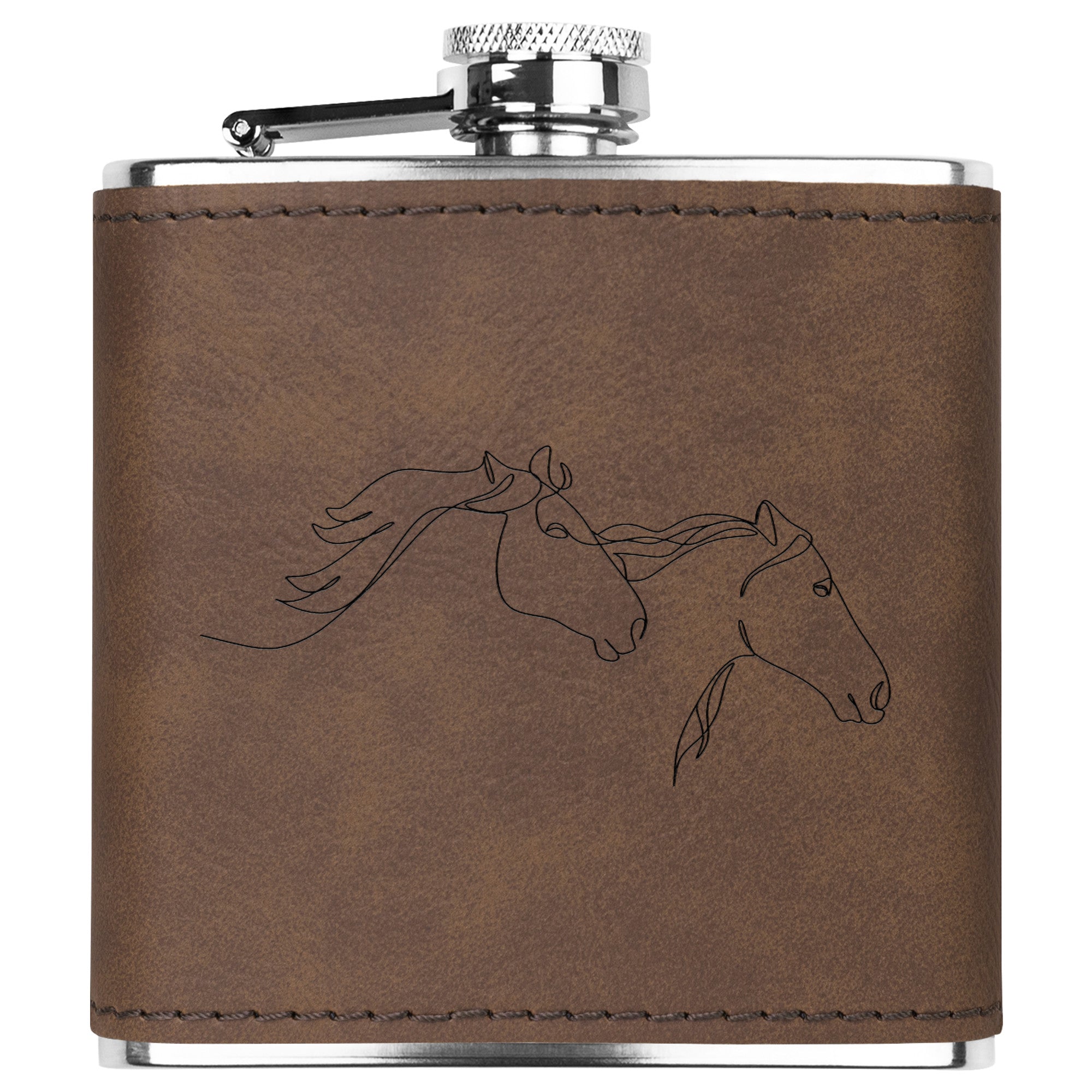 Premium Leather Hip Flask with Engraved Running Horses Design - Stainless Steel Metal Flask for Whiskey, Bourbon & Liquor - Perfect for Outdoor Adventures, Camping & Gifting