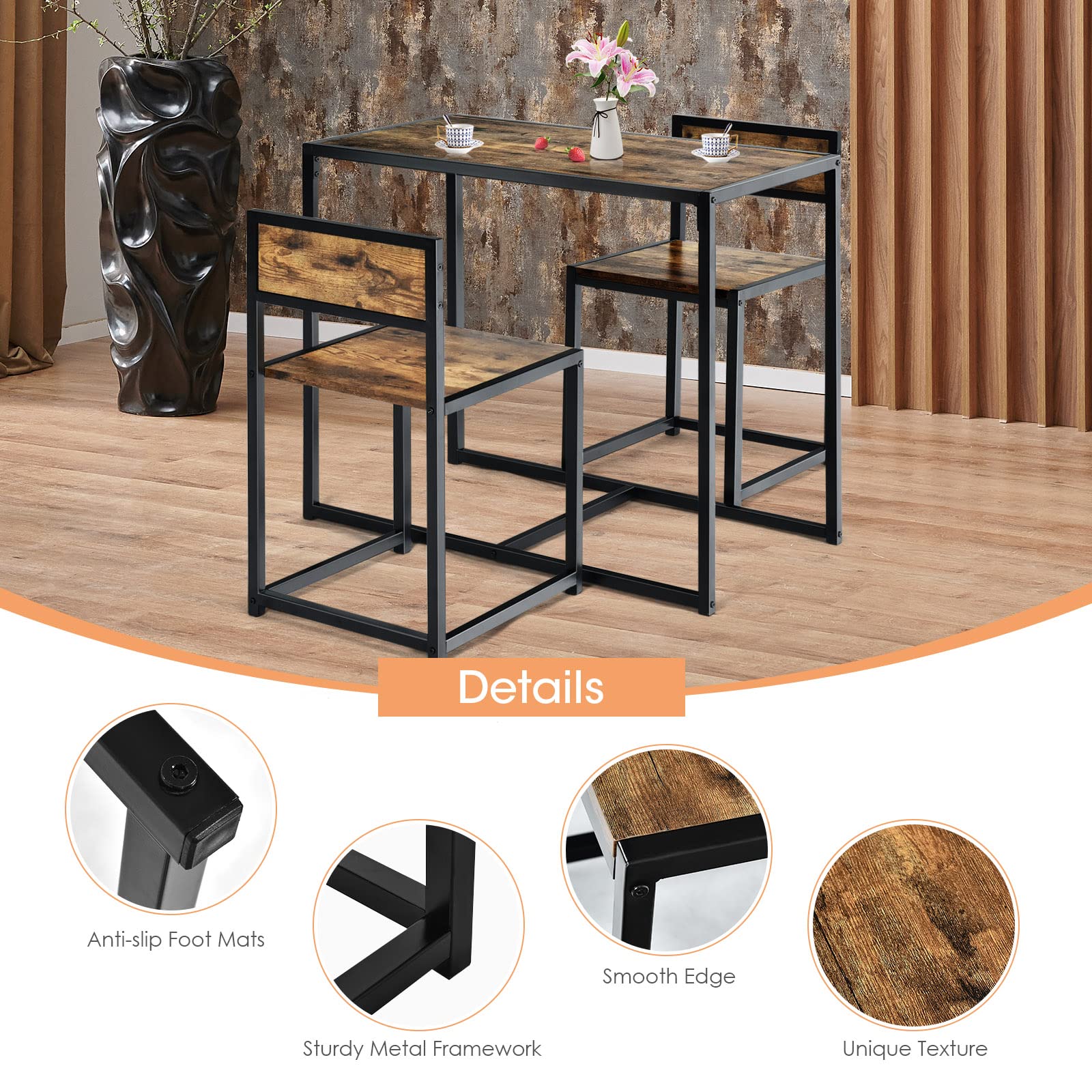 COSTWAY 3-Piece Kitchen Table Set with 2 Chairs | Space-Saving Metal Frame Dining Table for Small Spaces | Perfect for Kitchen, Living Room, Cafe & Bar | Antique Style Home Decor | Ideal for Breakfast Nooks & Apartment Dining