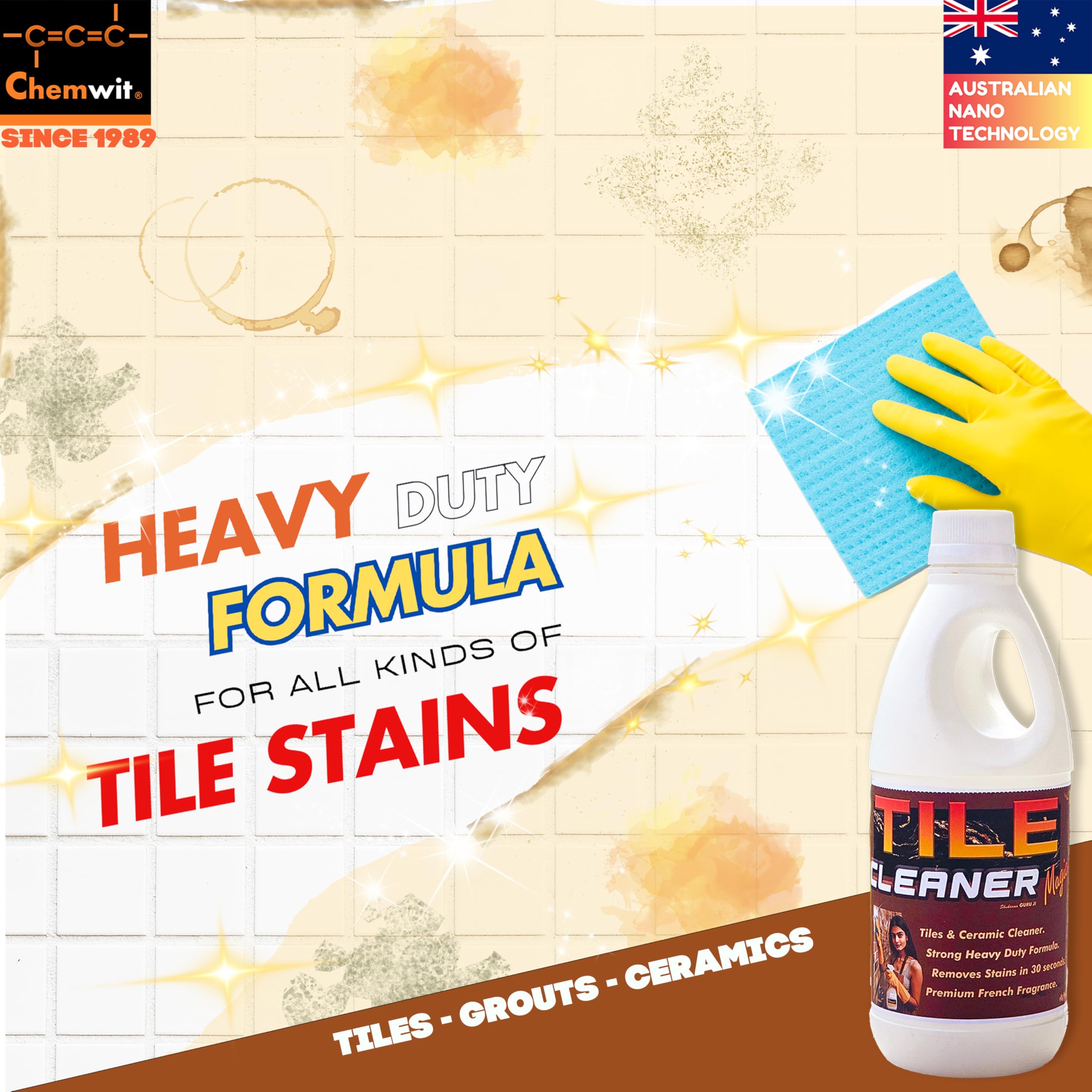 Chemwit Heavy Duty Tile Cleaner Liquid - Powerful Bathroom & Kitchen Floor & Wall Tile Stain Remover - Safe for Ceramic, Porcelain & Grout Cleaning - Ideal for Shower, Backsplash & Countertop Maintenance