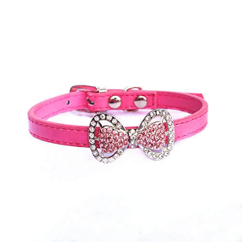 Sparkly Rhinestone Bow Tie Leather Pet Collar for Small Dogs & Cats - Adjustable 8.7-10.7 Inch Necklace for Puppies, Kittens, Yorkies & Chihuahuas - Hot Pink Fashion Accessory for Pet Costumes, Parties & Photo Shoots