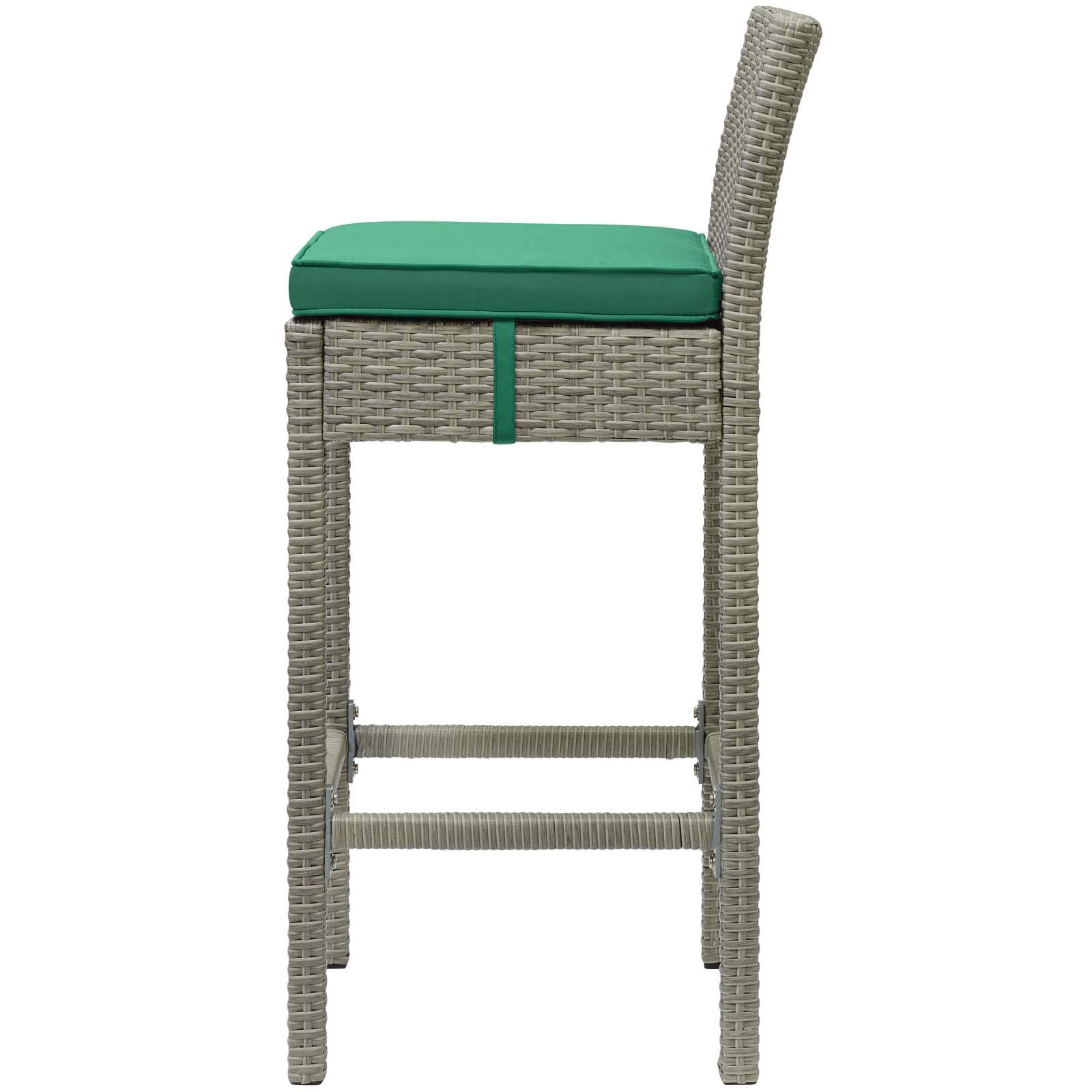 Modern Contemporary Outdoor Patio Bar Stool - Rattan Wicker Chair for Balcony, Garden or Poolside - Light Gray & Green Accent - Perfect for Lounging, Entertaining or Outdoor Dining