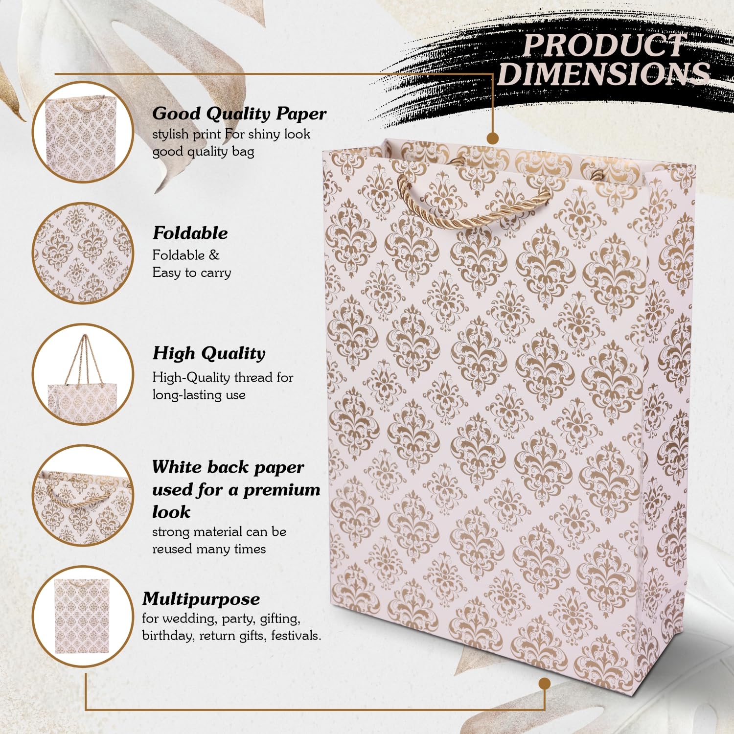 Gold Flower Design Gift Bags for Weddings & Birthdays - Pack of 10