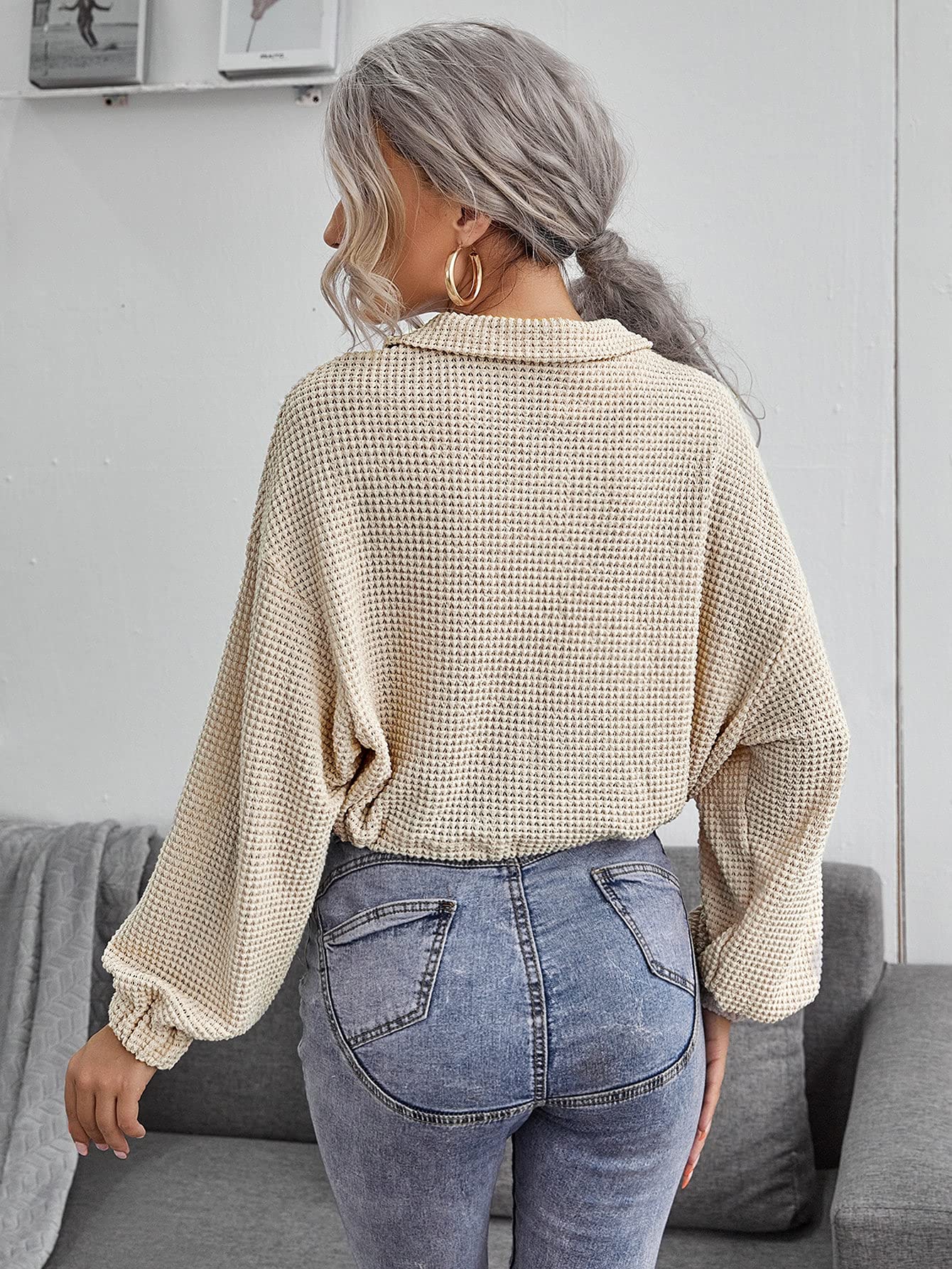 WDIRARA Women's Casual Long Sleeve Half Zip Pullover Sweatshirt - Cropped Waffle Knit Top with Drawstring in Beige | Perfect for Fall Layering, Coffee Dates & Weekend Outfits