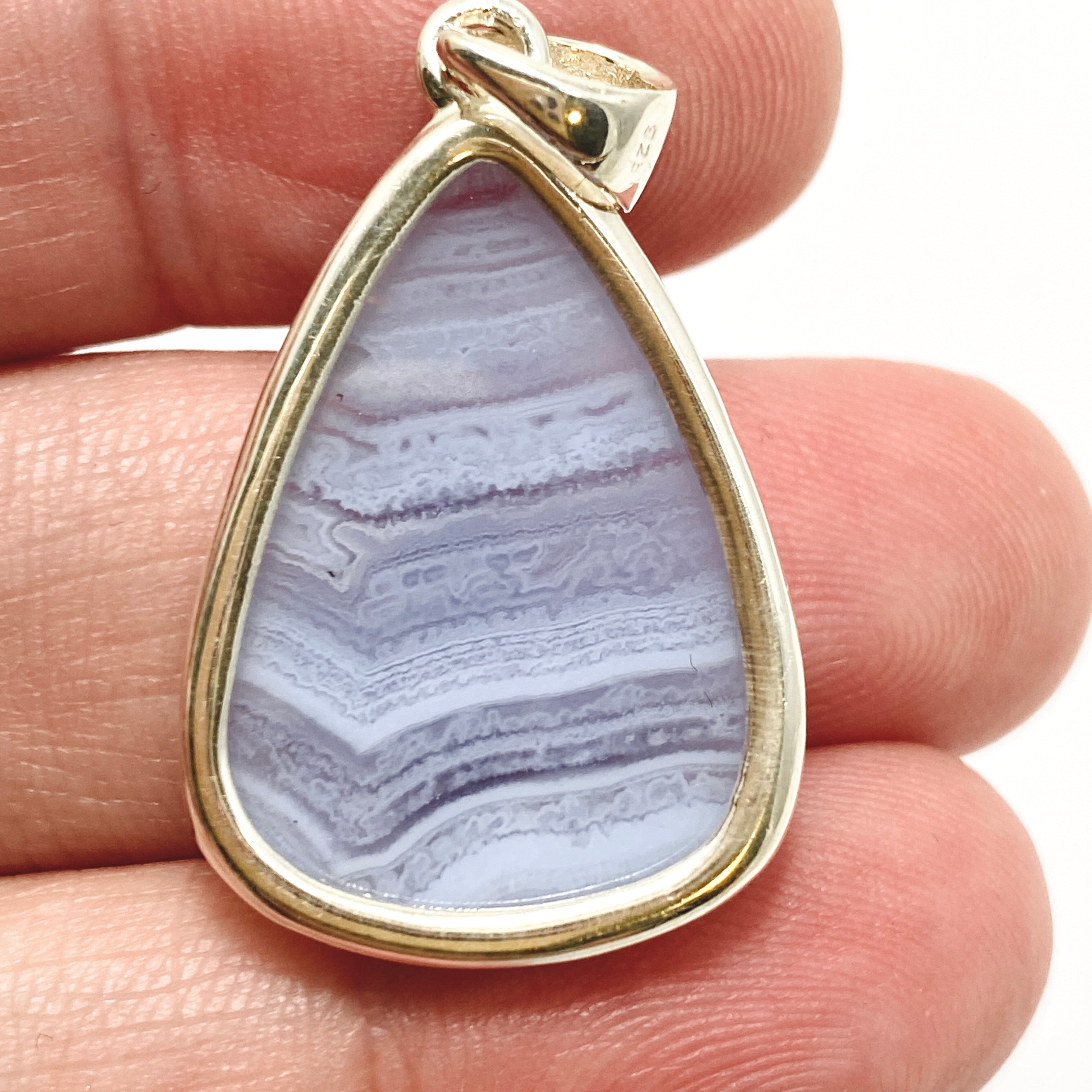 Blue Lace Agate Teardrop Cabochon Pendant in Hammered Sterling Silver Setting KPGJ4830 - Elegant Jewelry for Women, Perfect for Weddings & Special Occasions