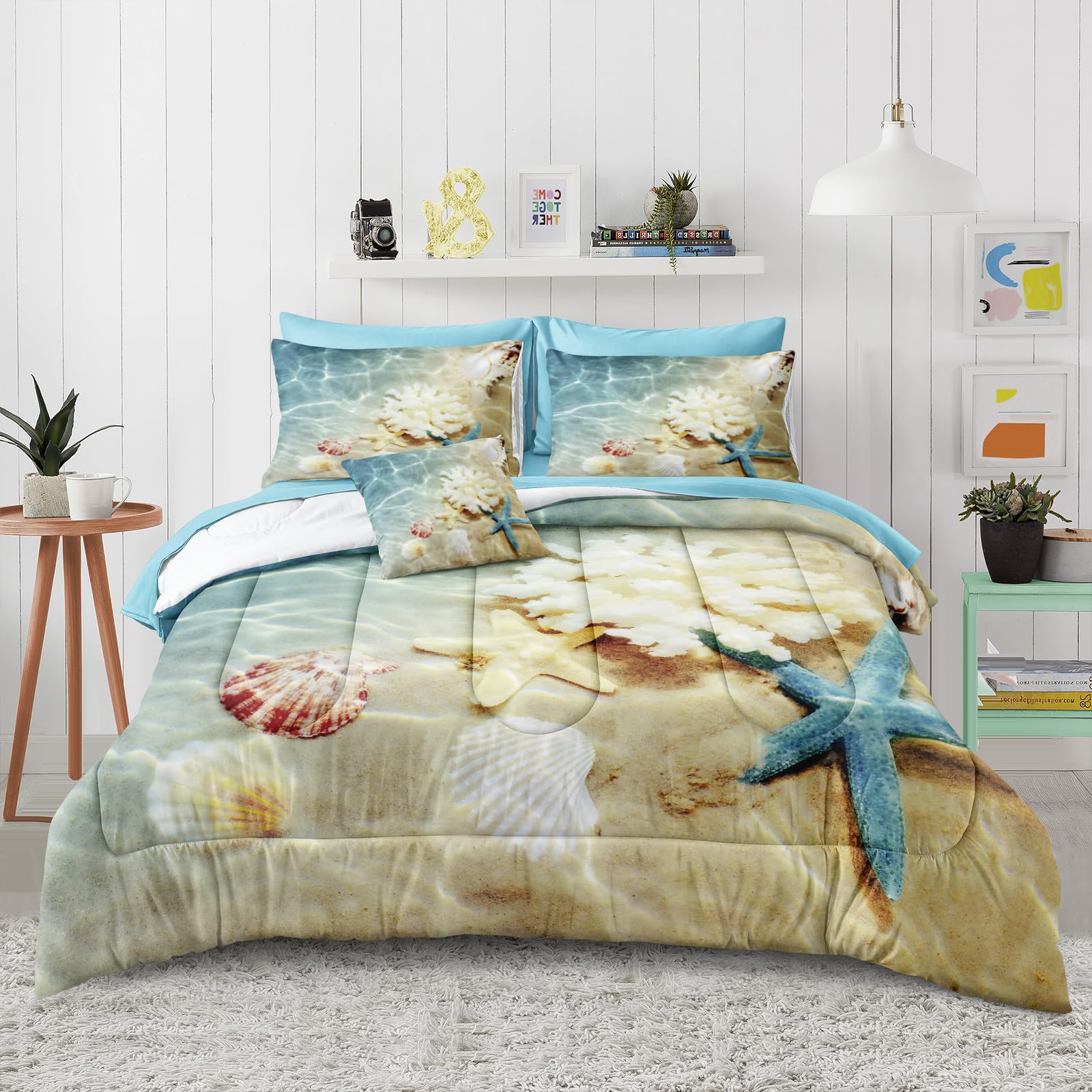 Bedbay Coastal Bedding Set 8-Piece Queen Size - Lightweight Summer Comforter & Quilt Set in Turquoise Ocean Design, Perfect for Beach-Themed Rooms, Teen Girls & Women Bedrooms | Breathable Bed in a Bag for Warm Weather & Coastal Decor