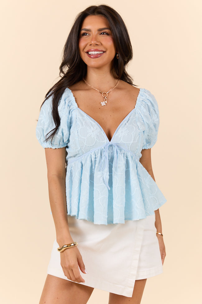 Baby Blue Floral Embroidered Top for Women - Elegant Boho Blouse with Handcrafted Details | Perfect for Spring Outfits, Date Nights & Casual Wear