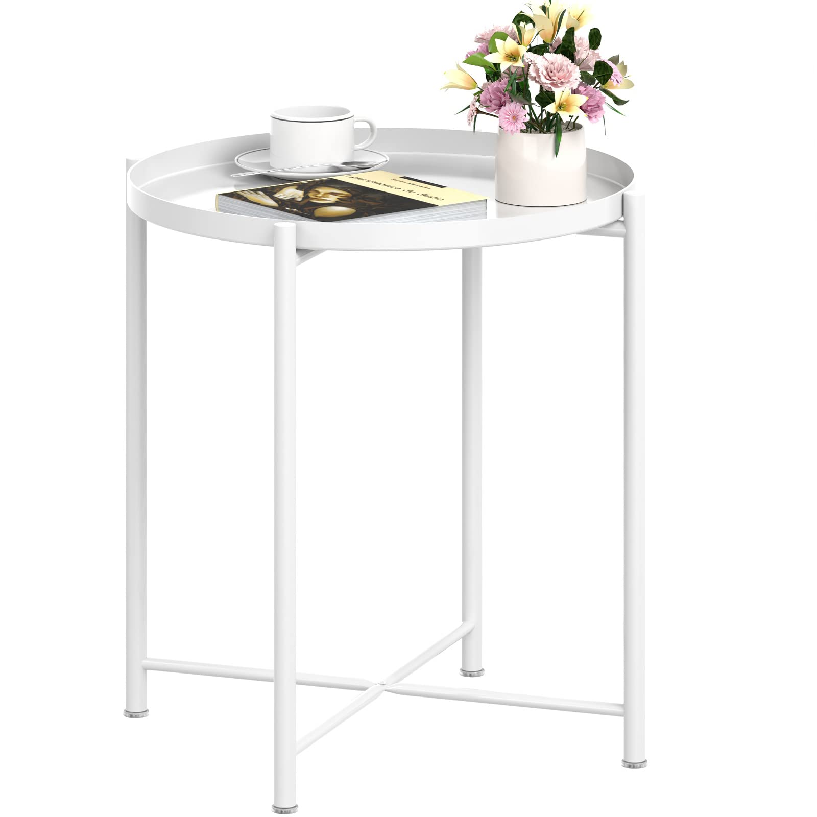 OVICAR Round Metal Tray End Table - Rustproof Waterproof Accent Coffee Side Table for Indoor & Outdoor Use - Perfect for Living Room, Bedroom, Balcony, Patio and Garden Decor