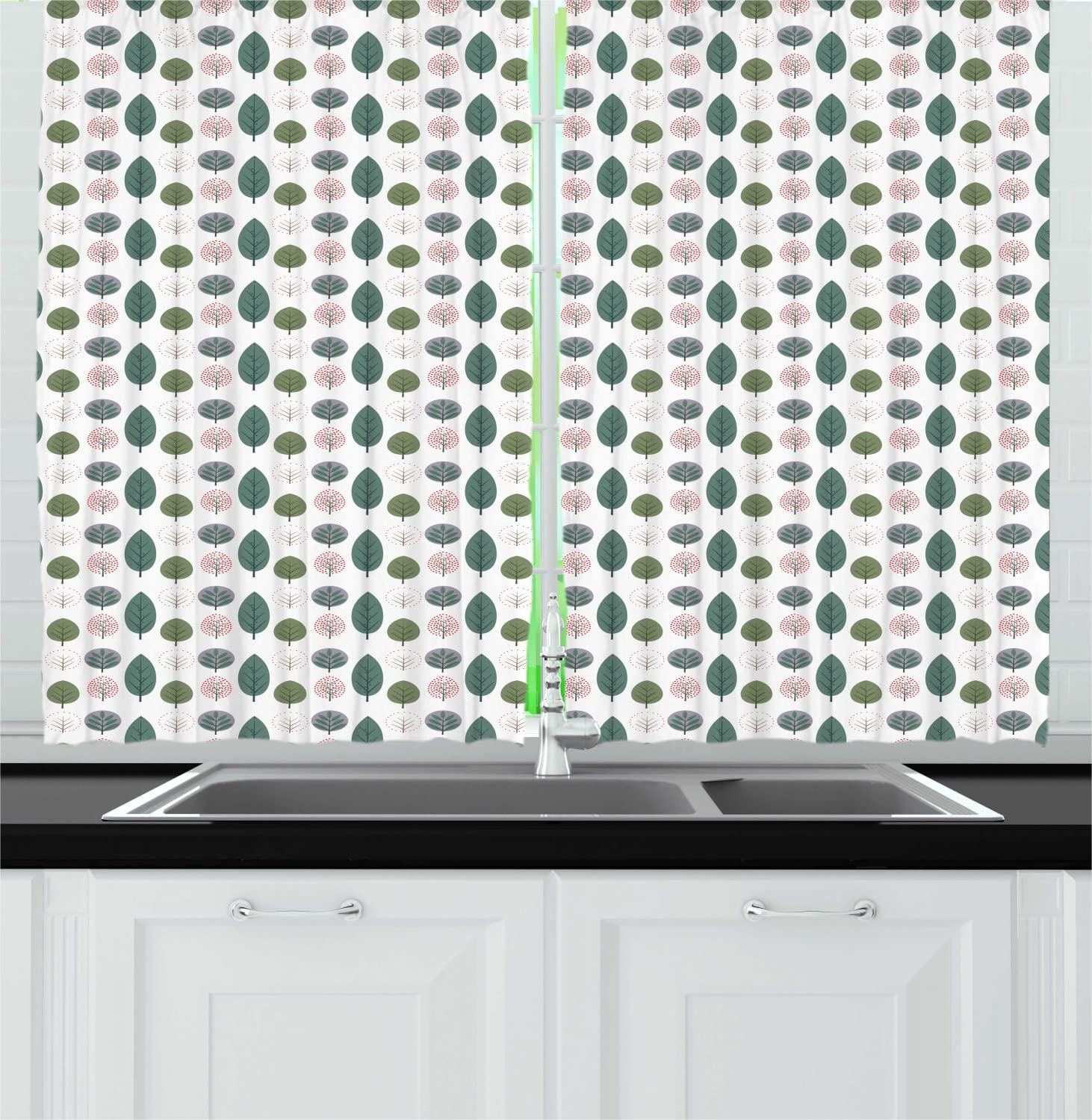 Ambesonne Autumn Kitchen Curtains - Greenish Trees & Fall Fruits Print, 2 Panels with Rod Pocket, 55