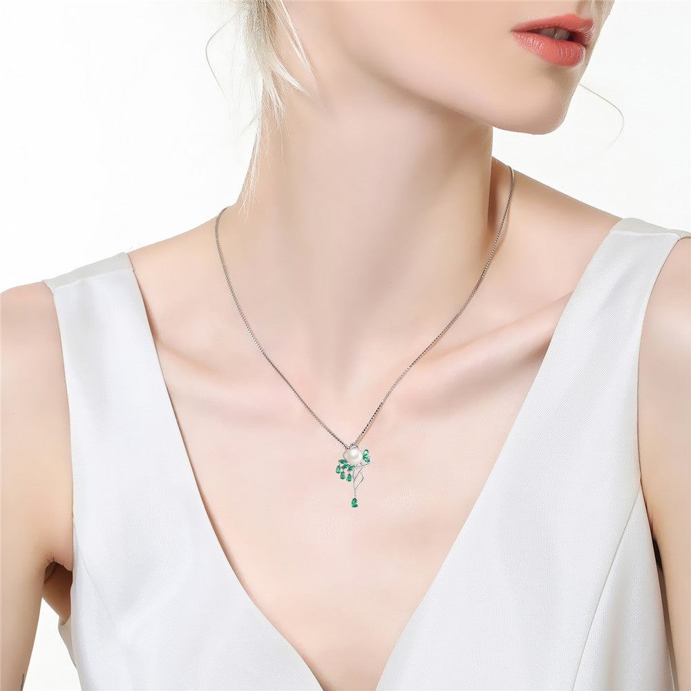 MABELLA 925 Sterling Silver 9.5-10MM AAA Freshwater Cultured Pearl & Spinel Pendant Necklace for Women - Elegant Gift for Anniversary, Birthday & Special Occasions