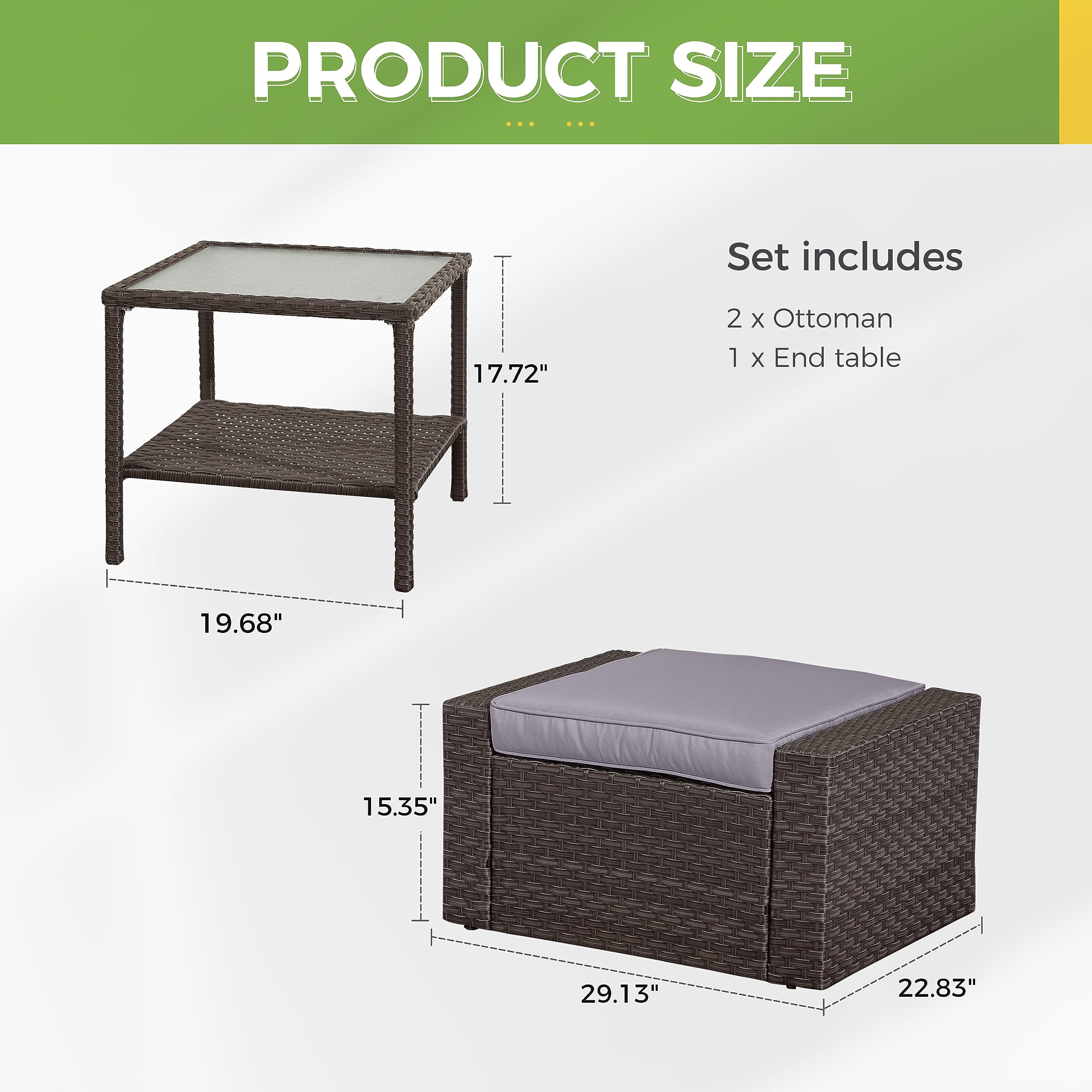 Stamo 3-Piece Outdoor Patio Furniture Set - Wicker Ottoman Chairs with Glass Coffee Table & Grey Removable Cushions, Coffee-Grey - Perfect for Garden, Poolside, and Backyard Relaxation