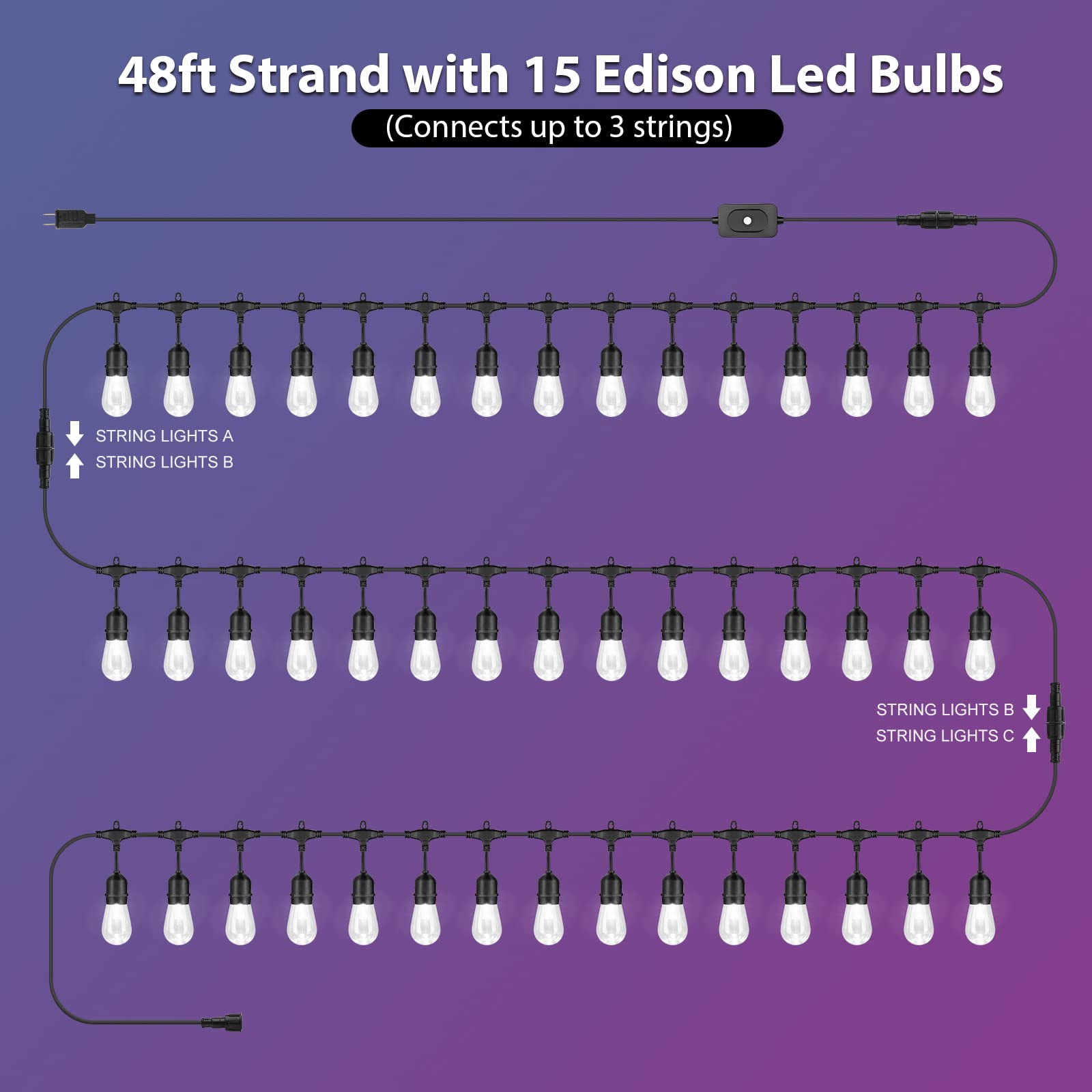 48FT Outdoor LED String Lights - Waterproof Dimmable RGB Patio Lights with Remote Control & 15 Shatterproof Bulbs - Perfect for Bistro, Cafe, Garden Party, Backyard Wedding, and Outdoor Decor (Black, 1 Pack)