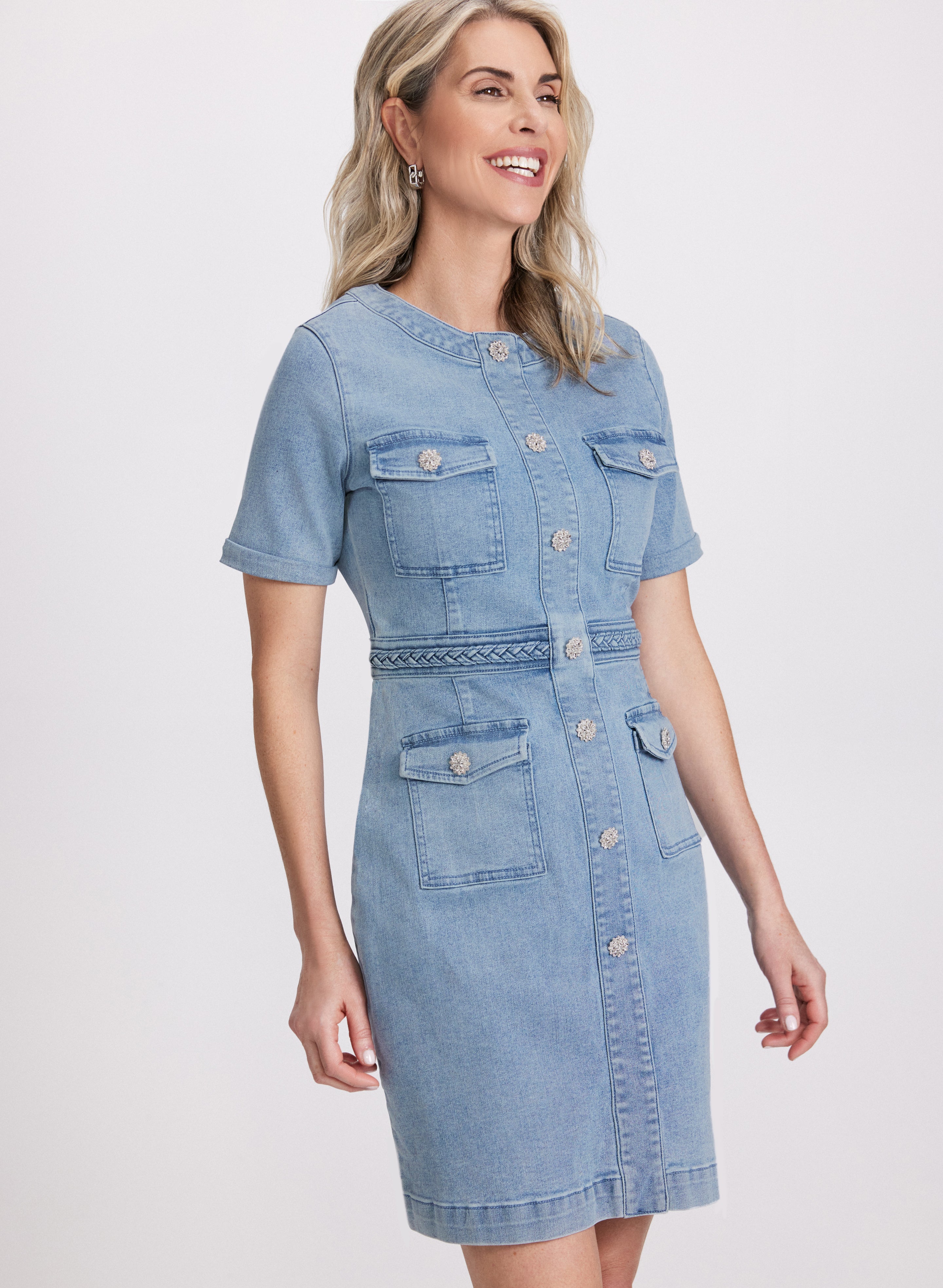 Crystal Embellished Denim Button Dress for Women - Elegant Party & Date Night Outfit